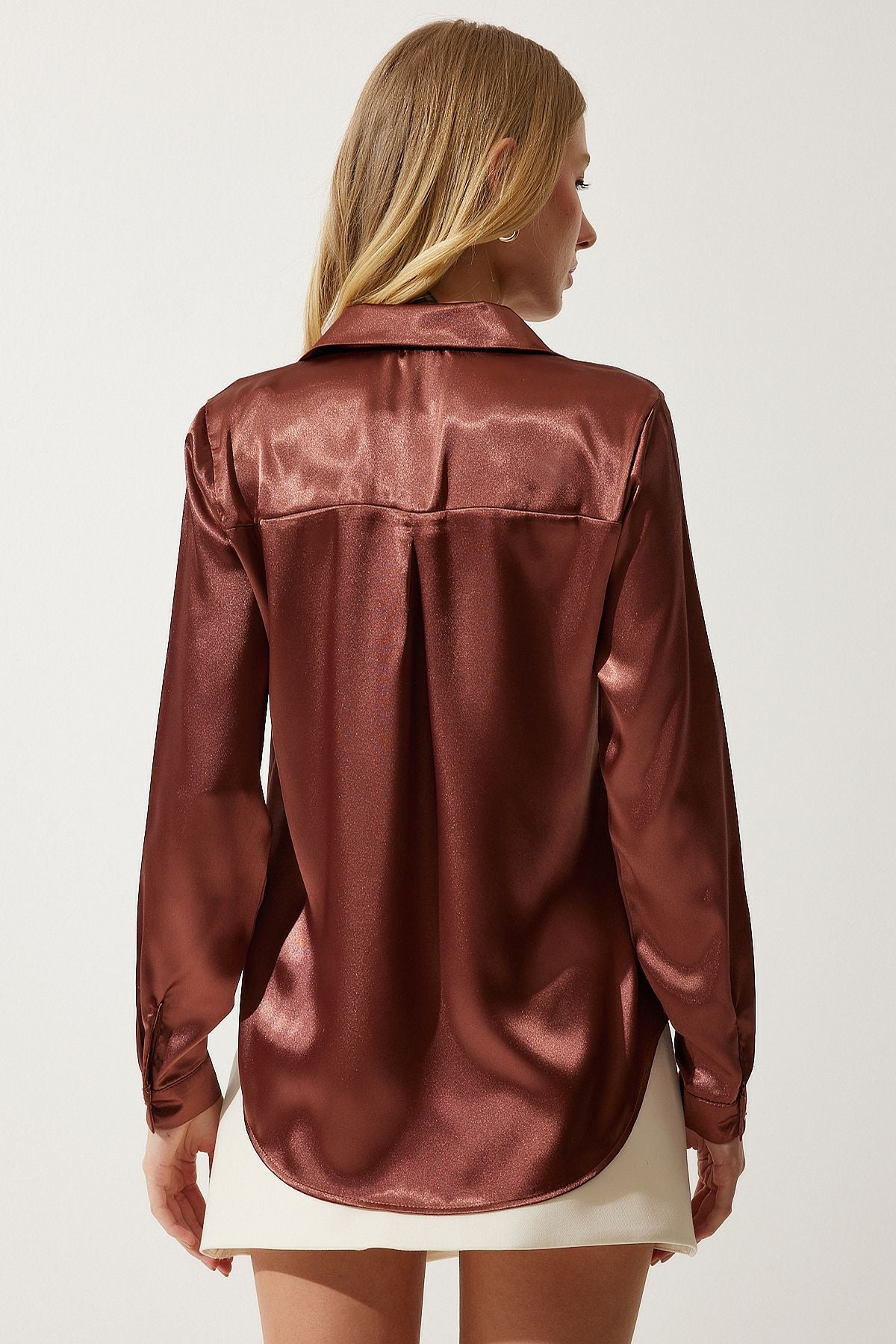 Female brown lightly draped satin surface shirt DD00990