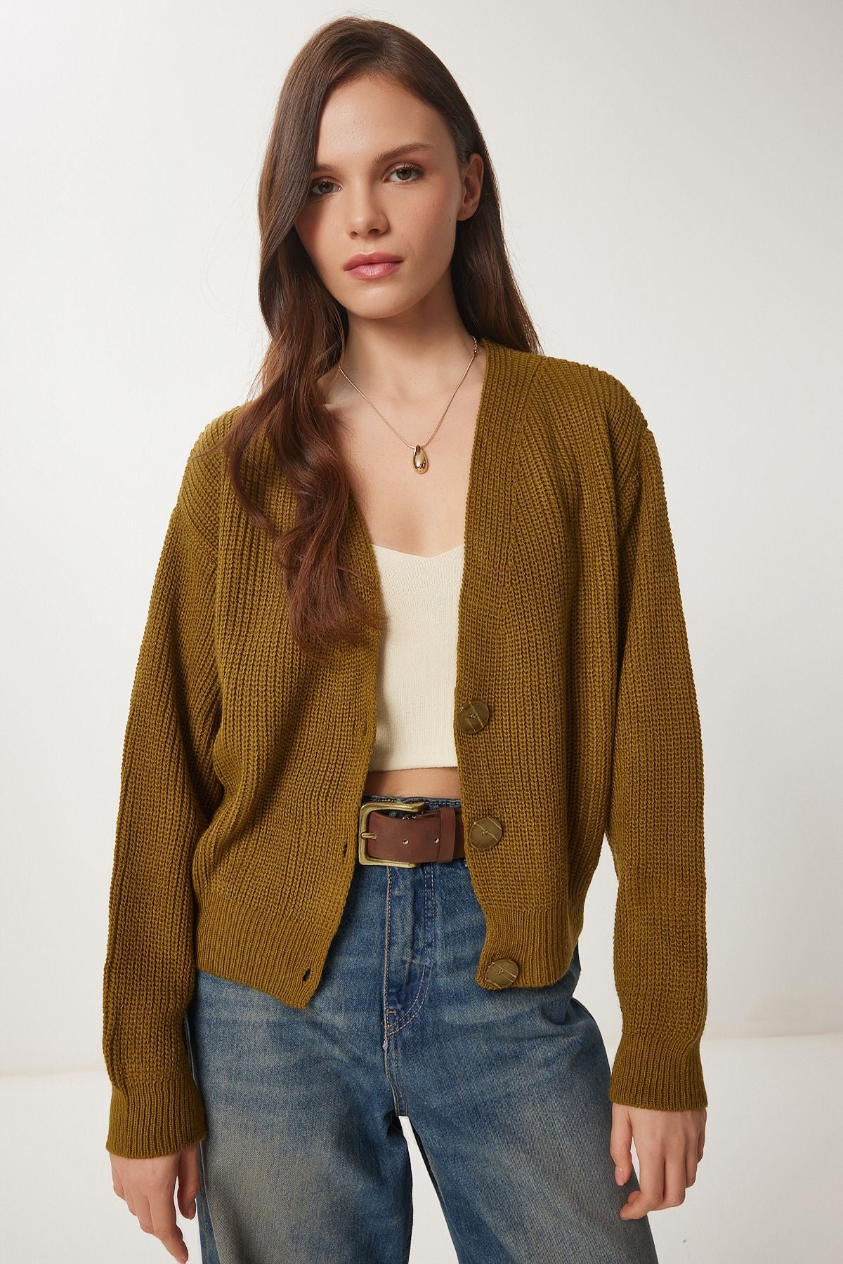 WOMEN'S OLIVE GREEN V -YAKA BUTTON knitwear cardigan MX00175