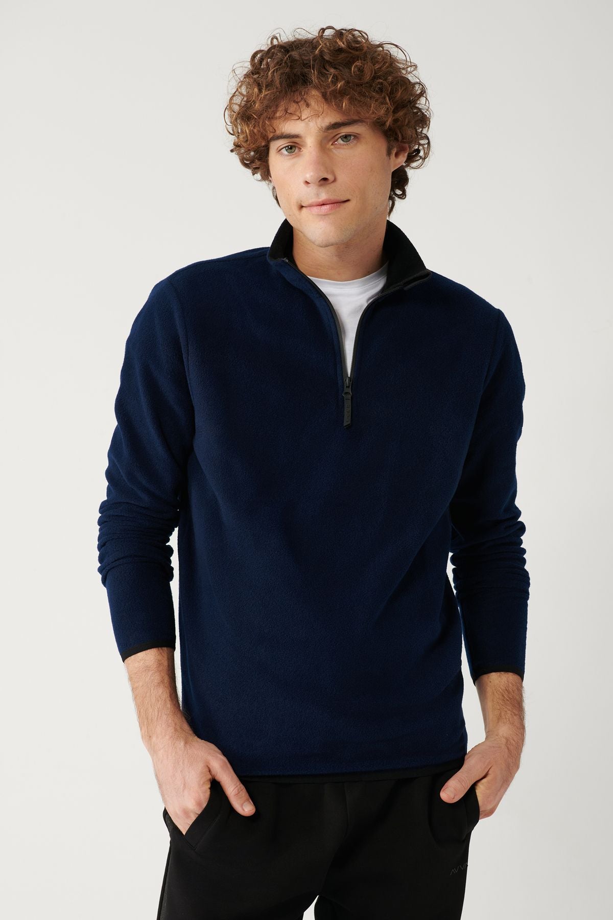 Men's navy blue cold -resistant half zippered upright collar polar sweatshirt E001068