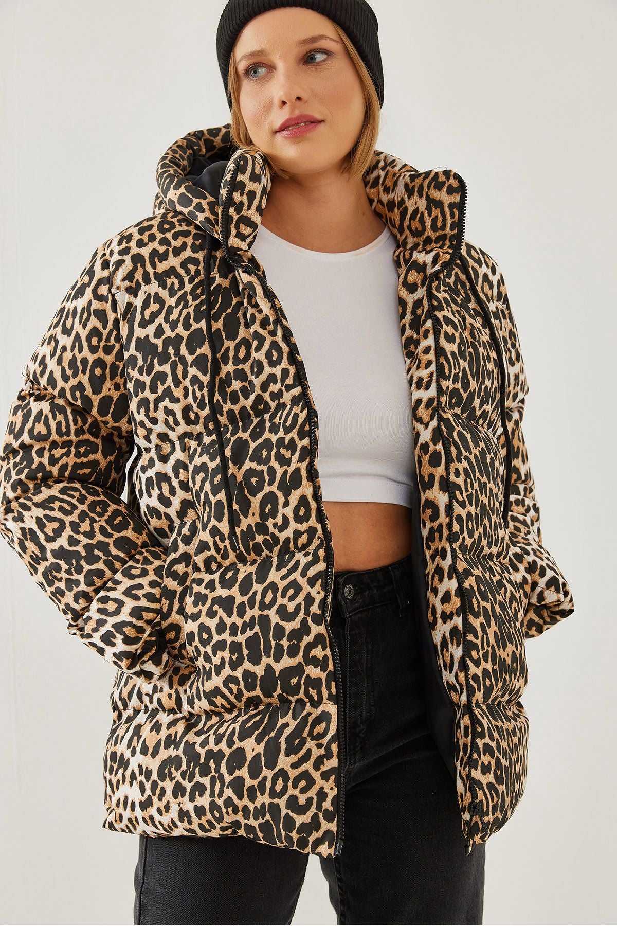 Female Honeycomb Laccik Leopard Patterned Swelling Coat 2482 60351224