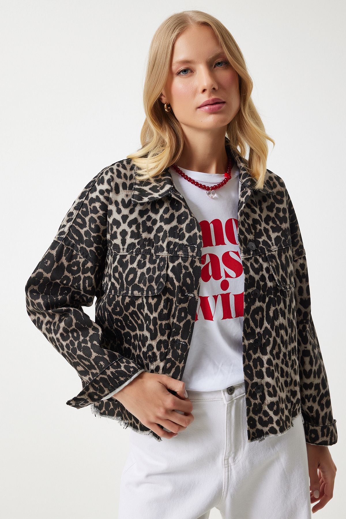 Woman Dark Beige Black Leopard Patterned Denim Jacket VC00007