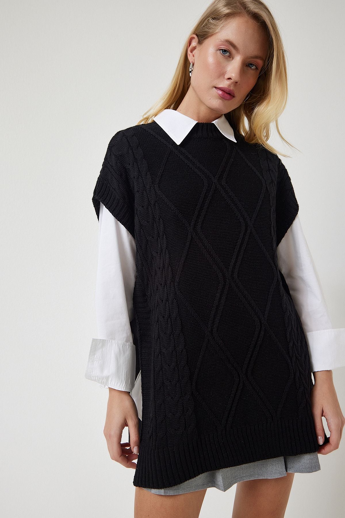 Female black baglama detailed overwhelm knitwear sweater yg00104
