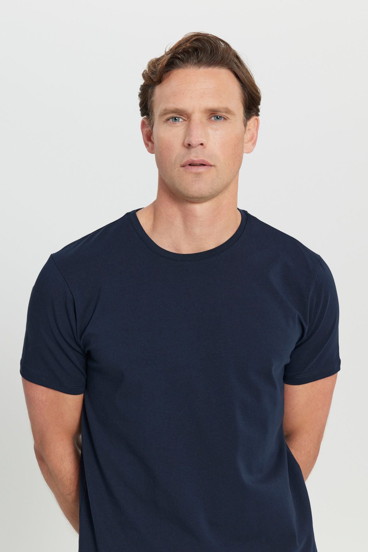 Men's navy blue 360 degrees stretching in all directions slim fit narrow cut bike bike collar t -shirt
