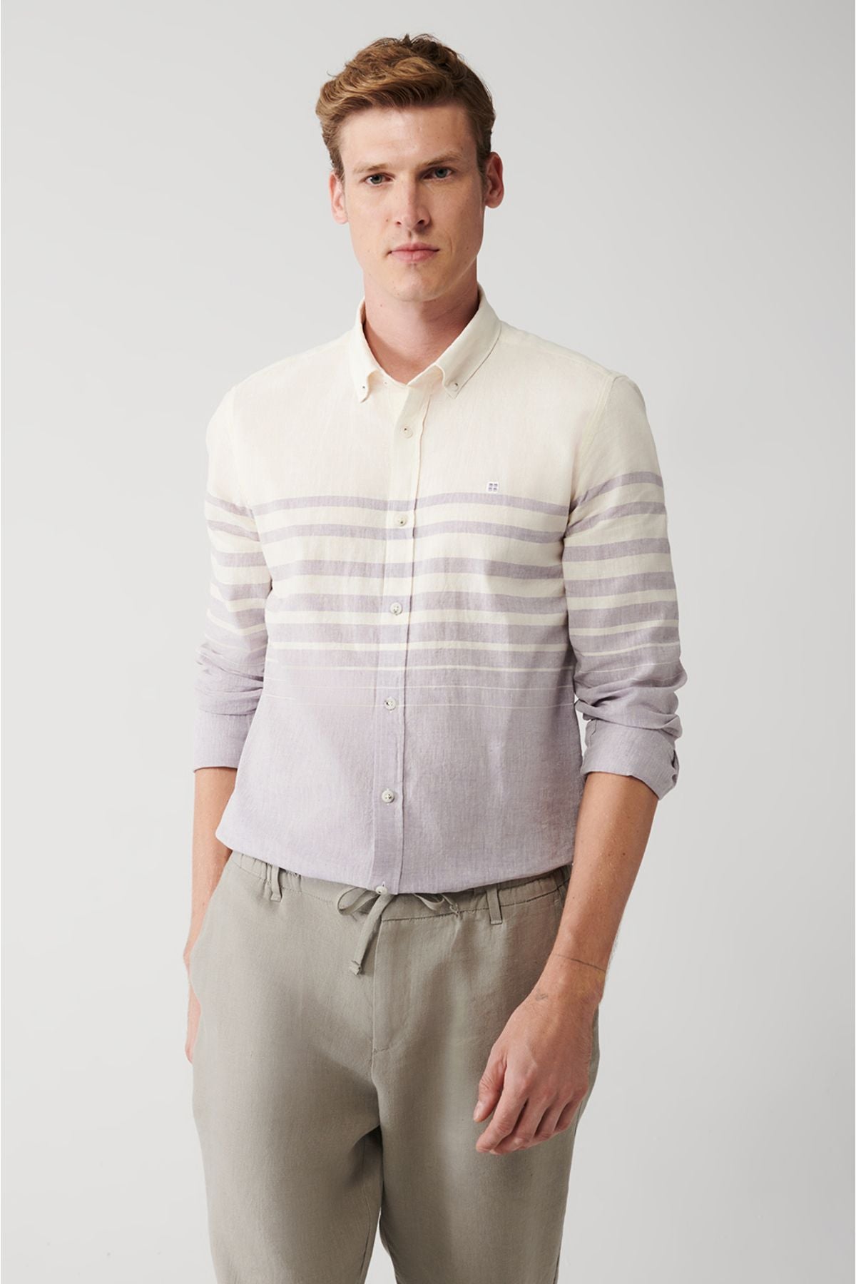 Men's light purple cotton linen mixed striped shirt A31y2268