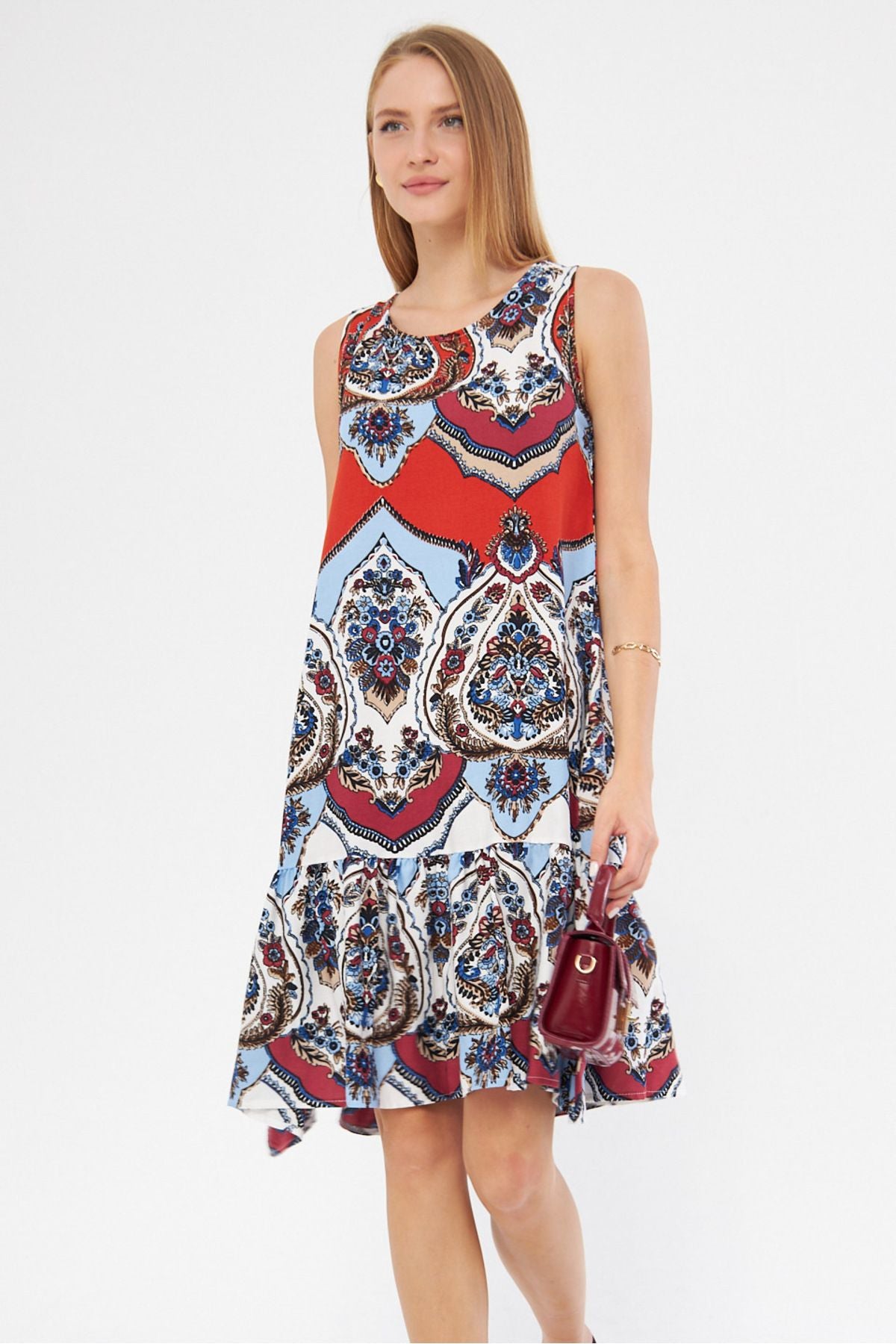 Female tile patterned sleeveless skirt frilly dress ARM-22K001142