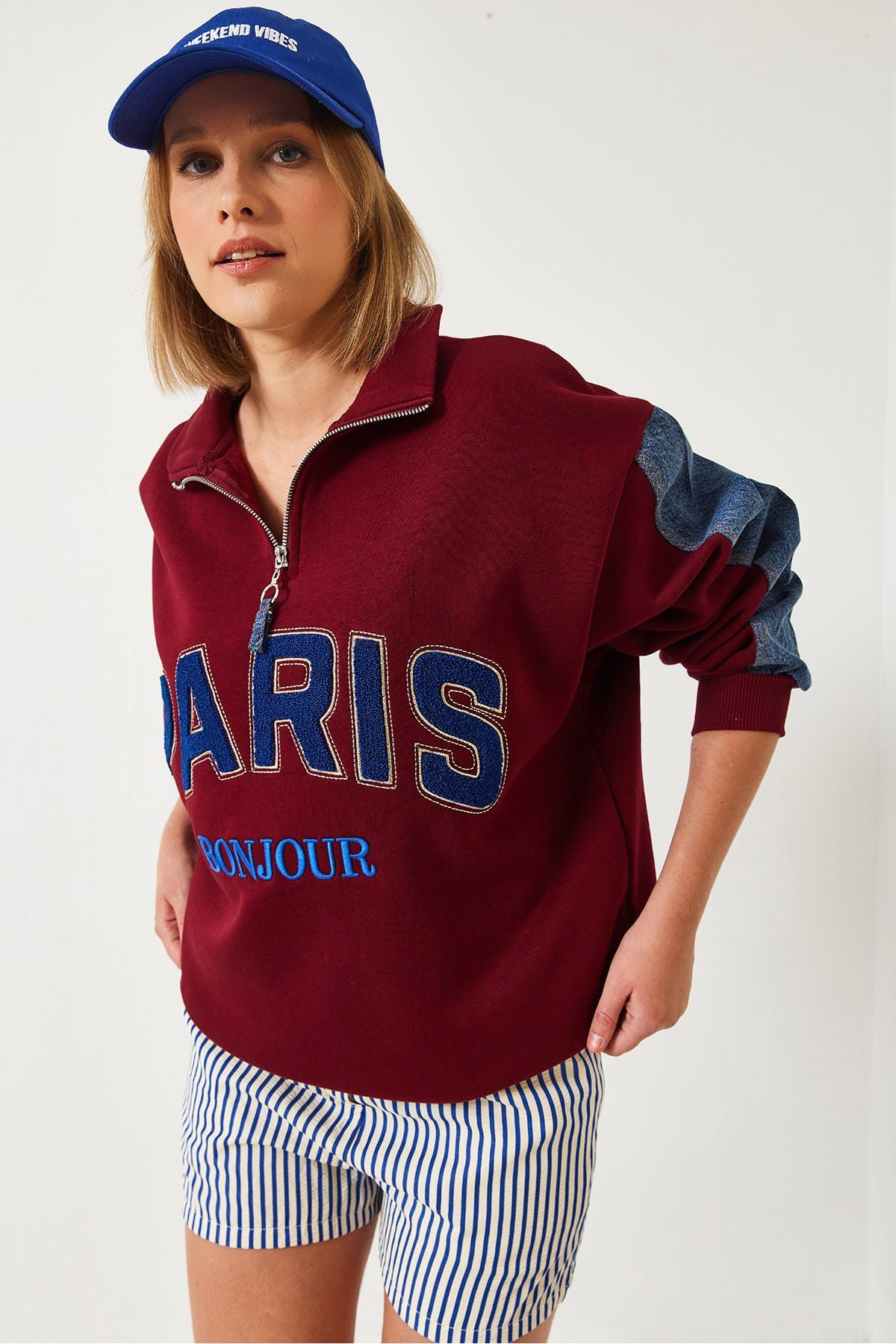 Denim detailed three yarns with zipper with zipper Sweatshirt 60261236
