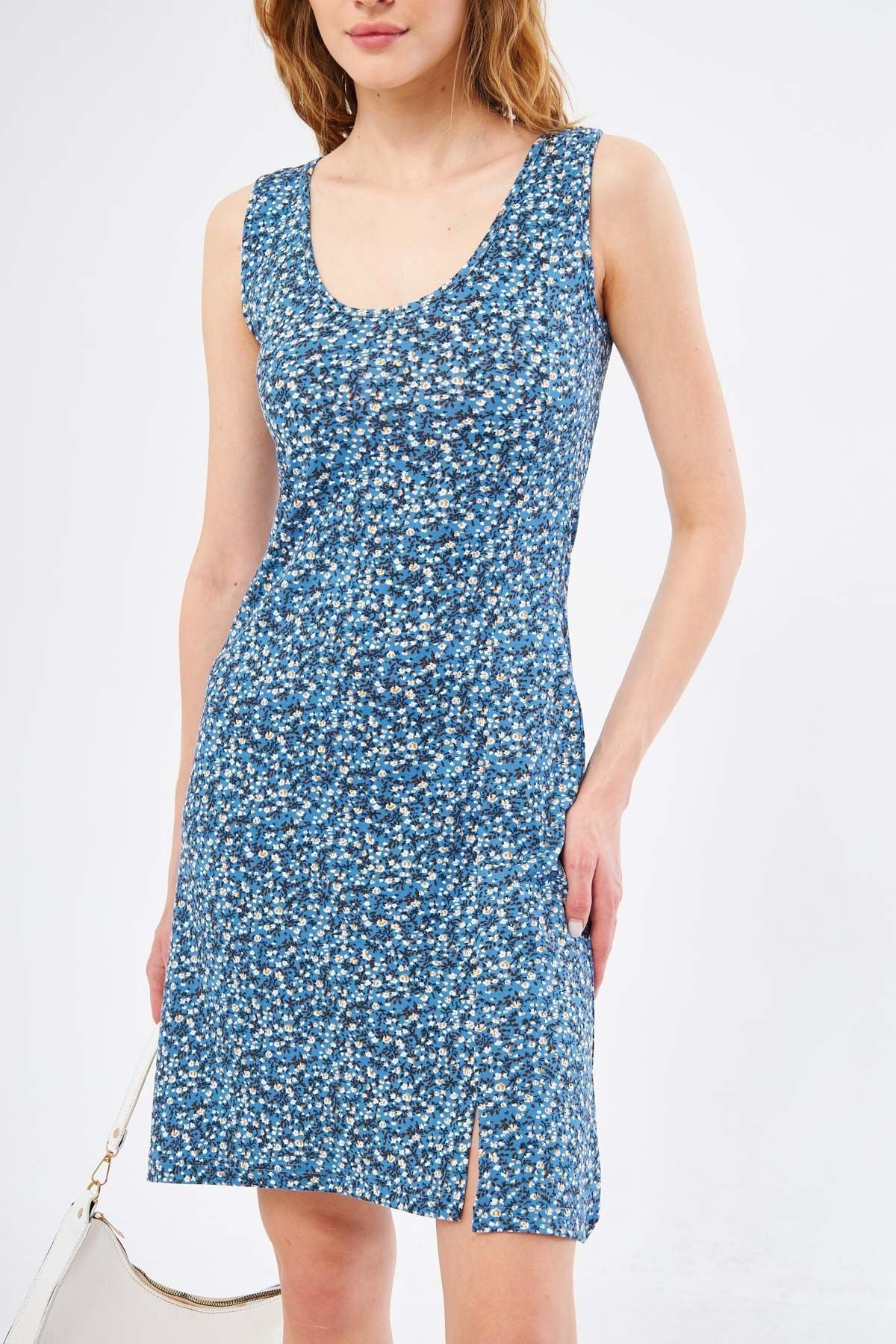 Woman Blue Ikosidio Dress Sitting on the Body Sleeveless Front Slit Mini Size ARM-24Y001045