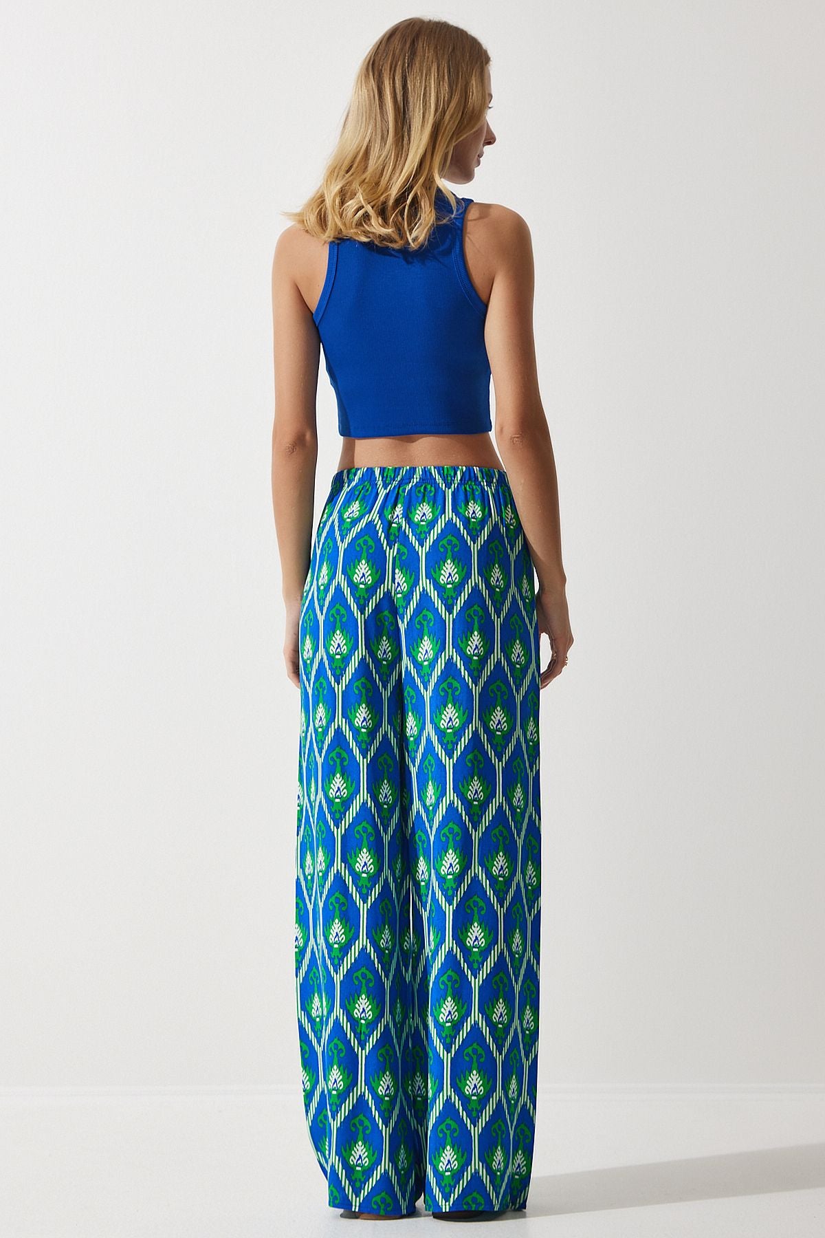 Woman Blue Green Patterned Viscose Palazzo Pants EN00606