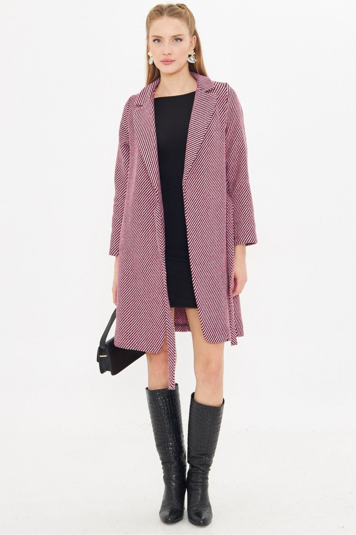 Woman Pink Side Side-Tied Pocket Long Stamp Coat ARM-25K001039