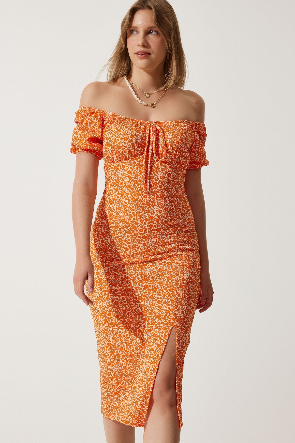 Female Orange Patterned Shirred Knitting Dress CI00102