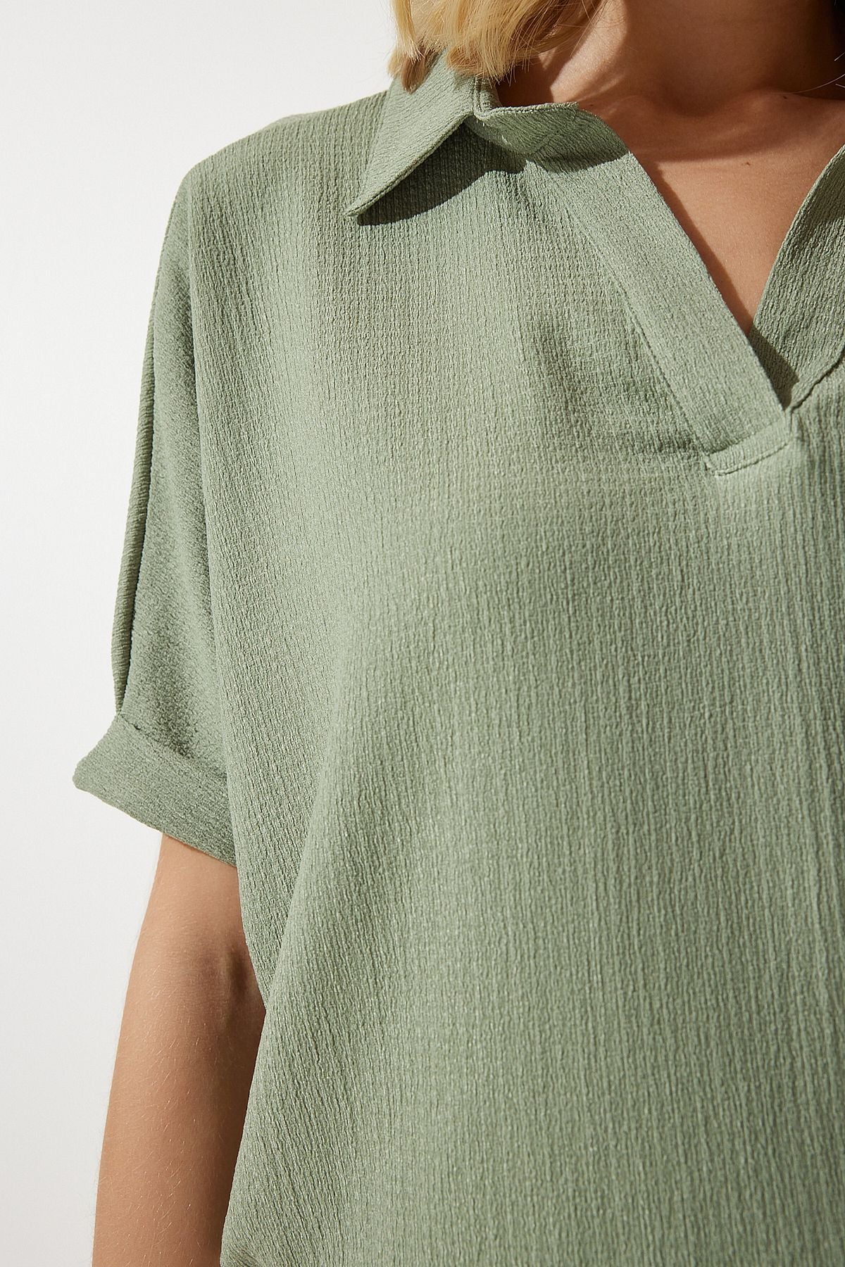 Woman Khaki Polo Yaka Knitting Krinkıl Blouse DD01299