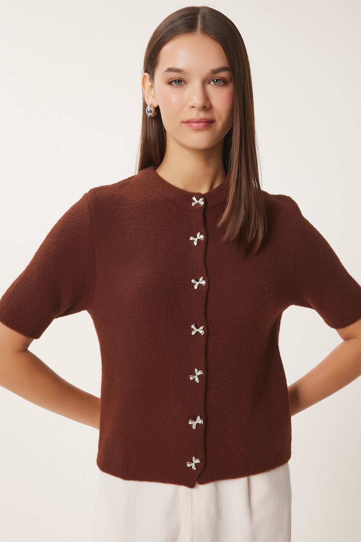 Women's Brown Stylish Bow Button Triko Cardigo with Beard Button DP00219