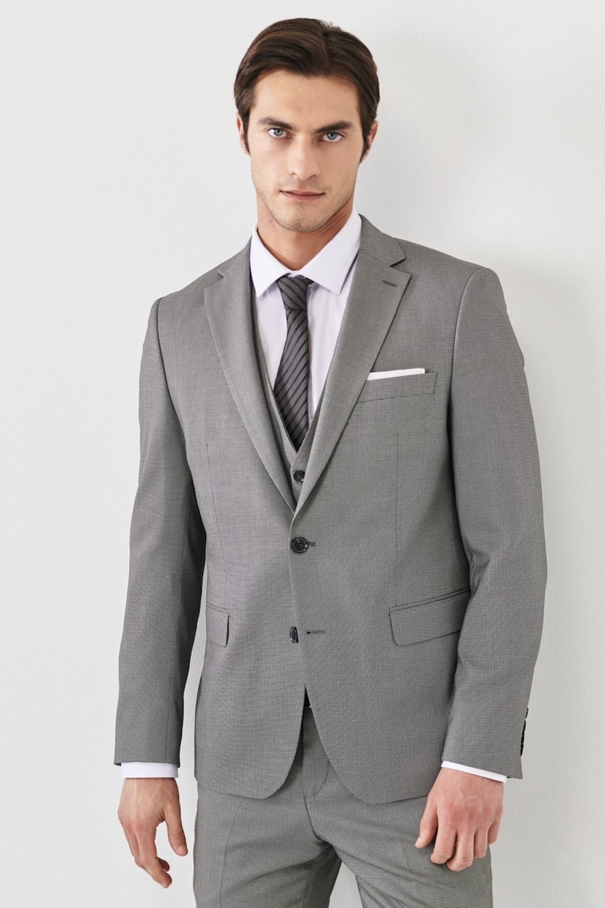 Men's gray-black slim fit narrow cutting mono collar patterned vest suit suits