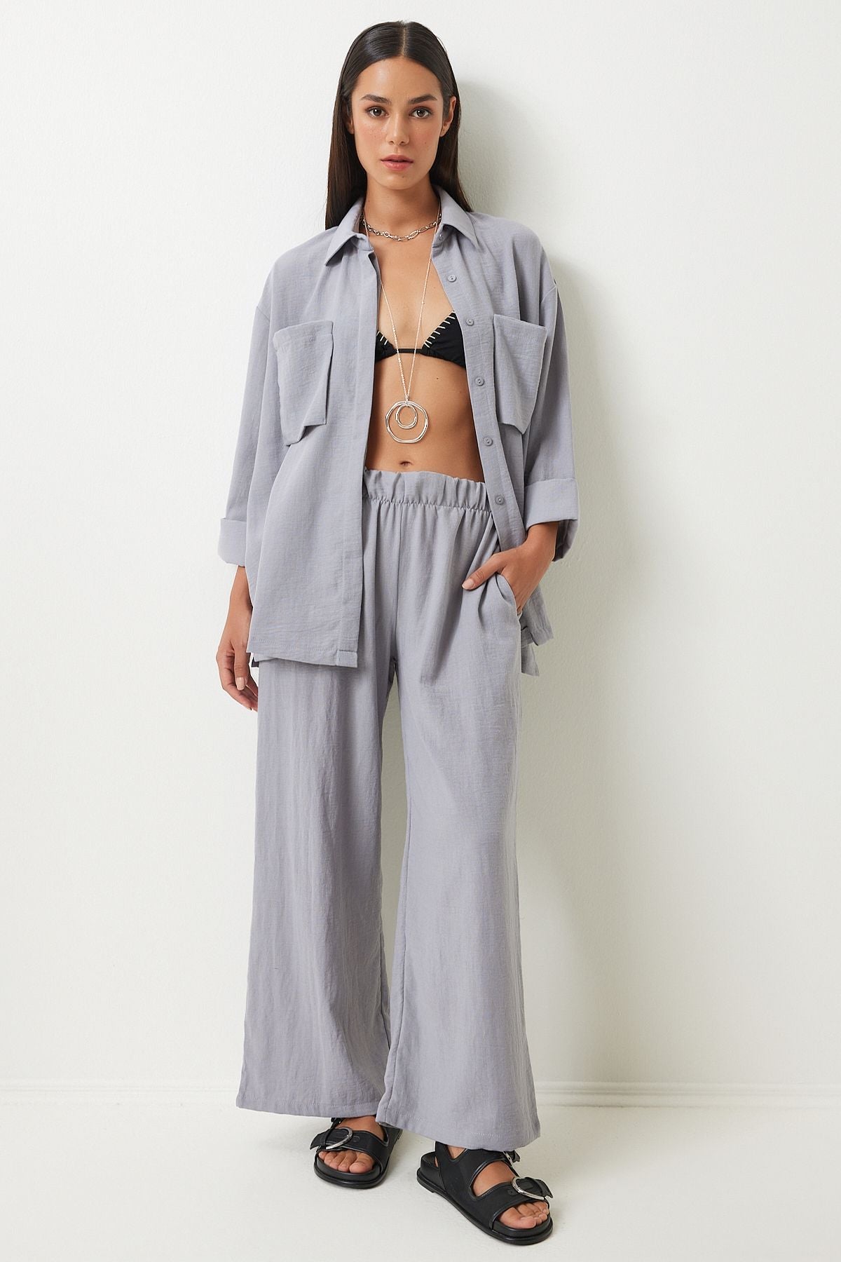 Women's gray wide pocket linen mixed shirt pants set FN03205