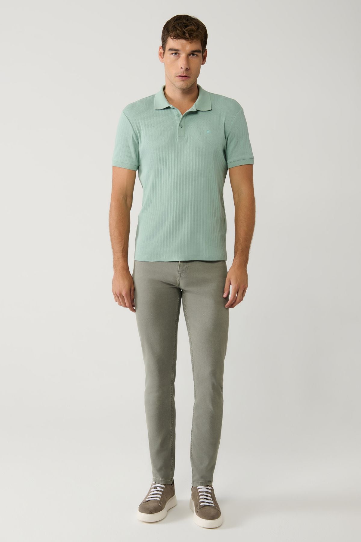 Men's Water Green 100 %Cotton 3 Buttoned Jacquard Polo Yaka T-shirt A41y1354