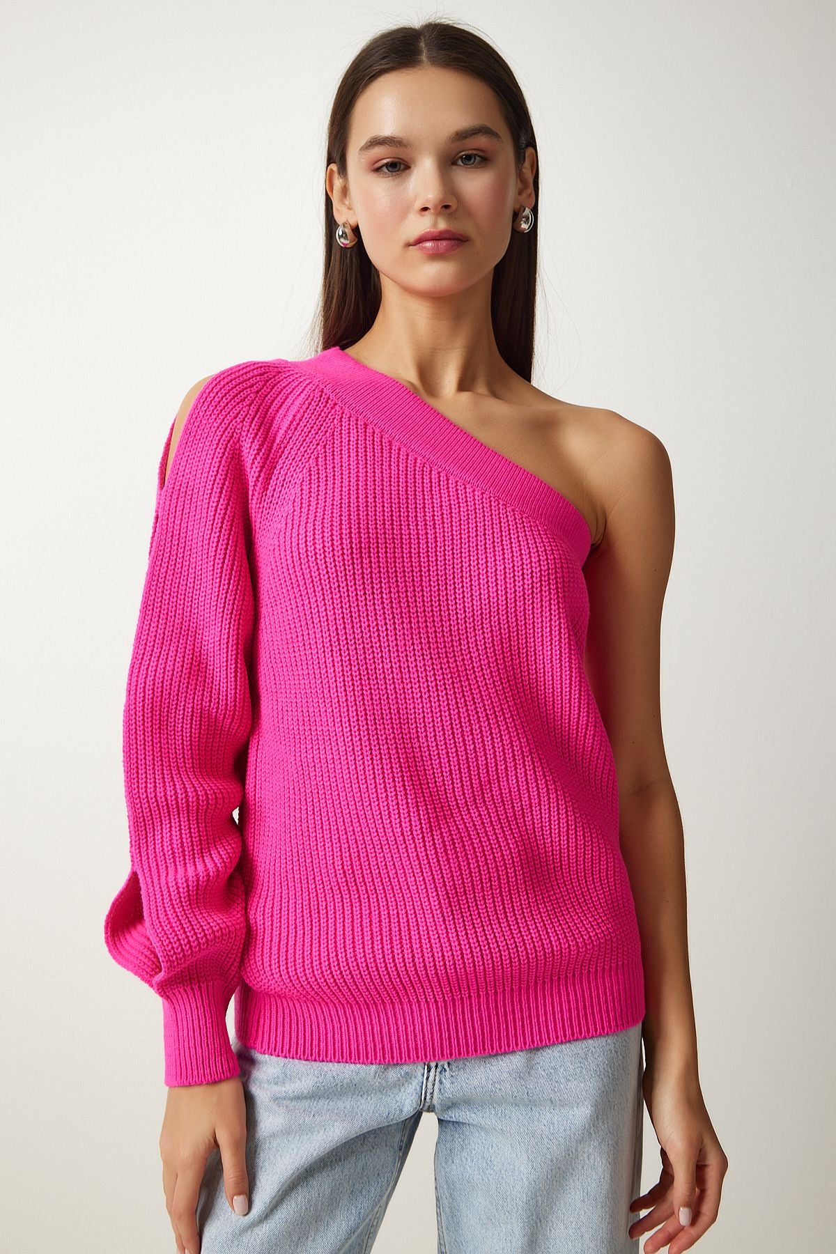 Women's Fuchsia Window Detail One Sleeve Knitwear Sweater PF00059