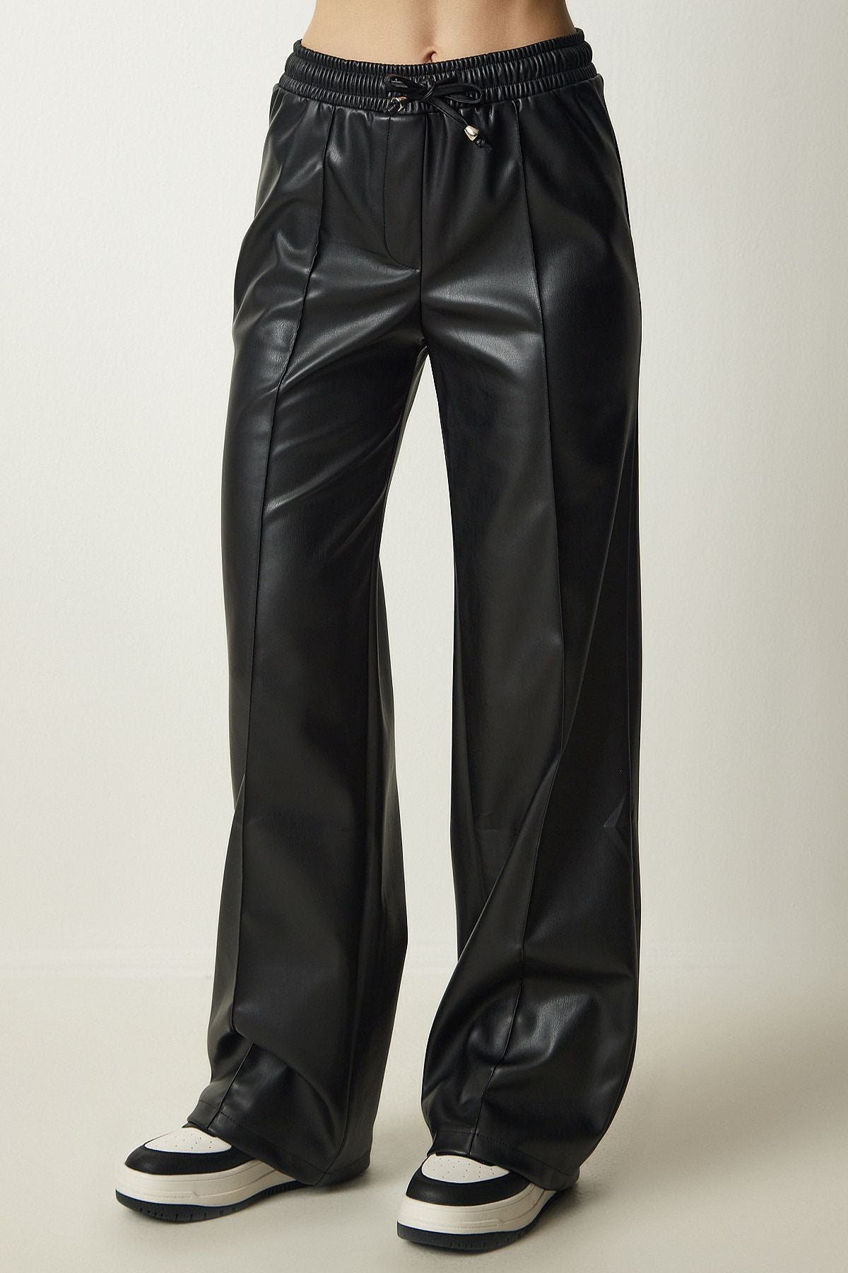 Female Black Premium Laced Artificial Leather Pants FN03156