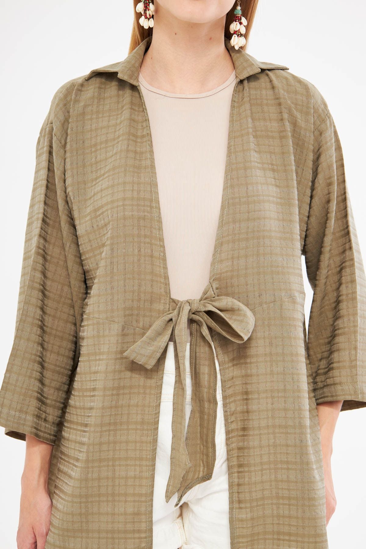 Woman Khaki Self-striped front connect Kimono Shirt ARM-24Y001101