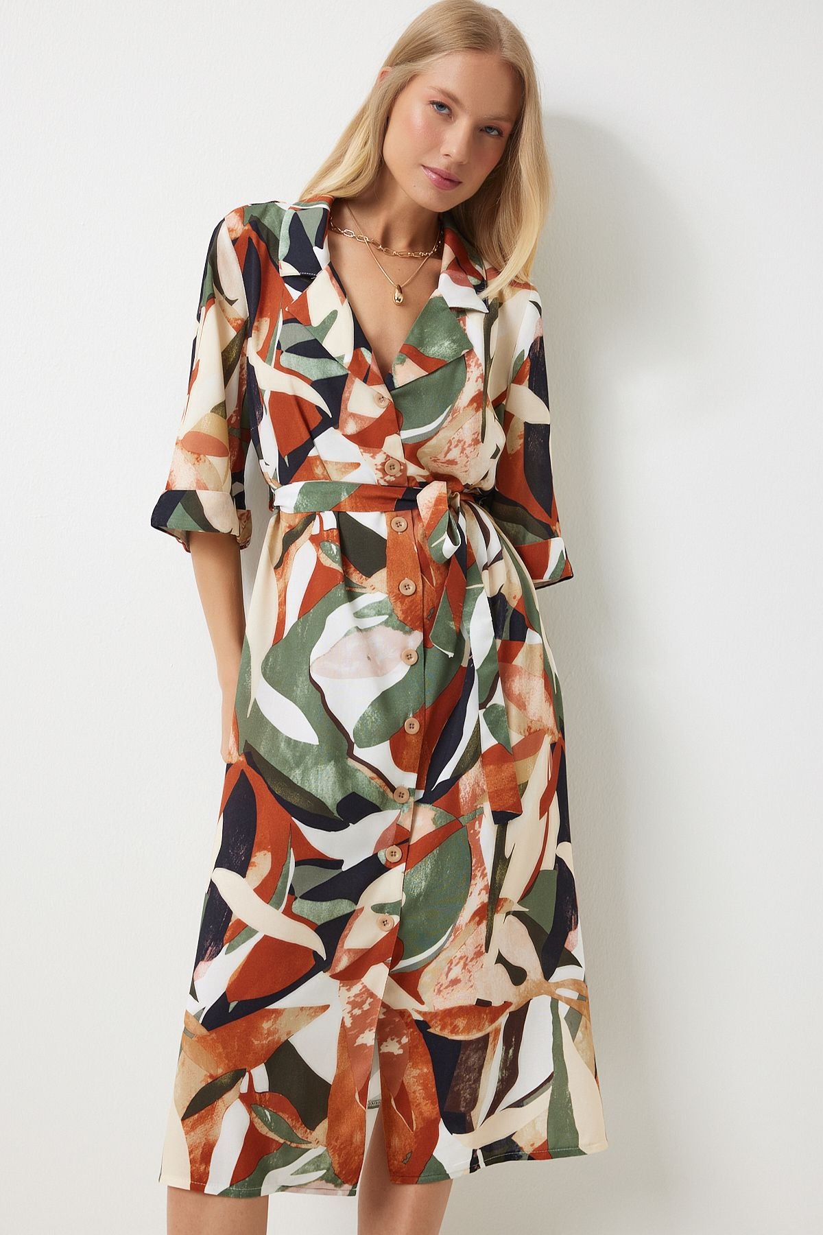 Female Khaki Tile Patterned Summer Viscose Shirt Dress MX00166