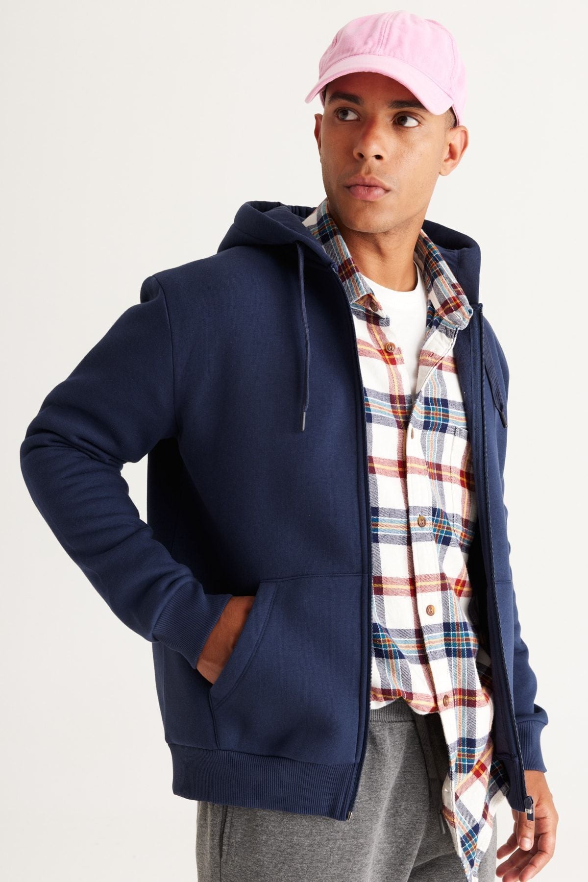 Men's Navy Blue Standard Fit Normal Cutting Içi Pleay 3 IP hooded zippered sweatshirt jacket