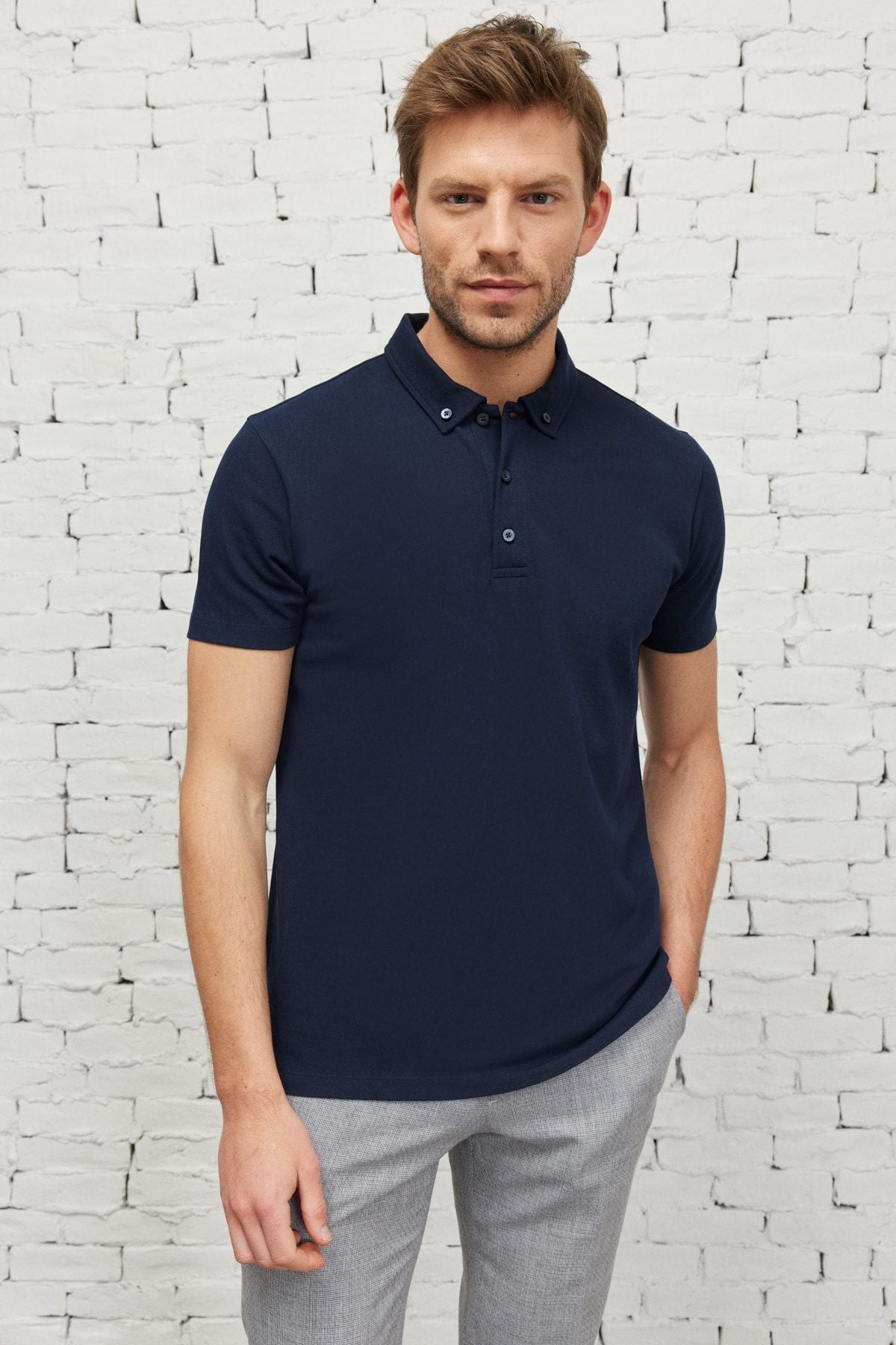 Men's navy blue slim fit narrow -cut breathing fabric polo collar cotton t -shirt