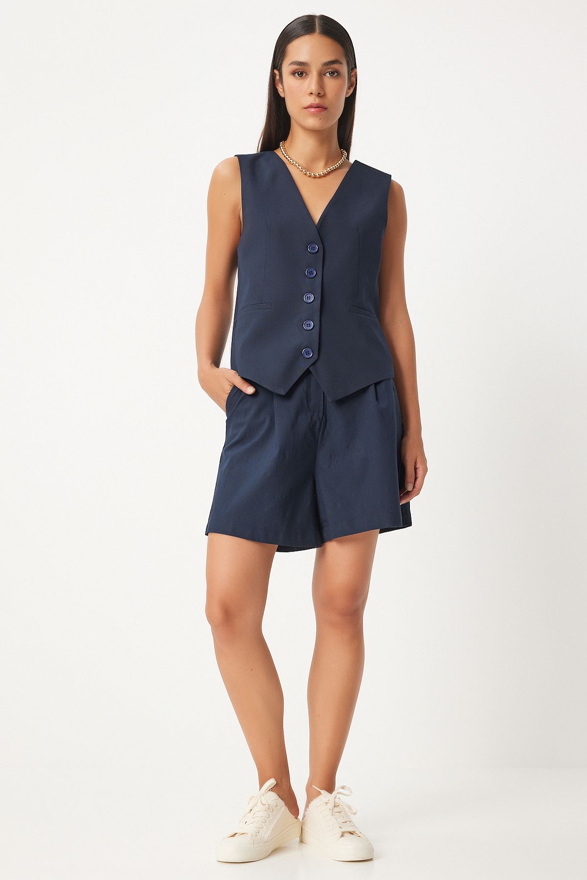 Woman Navy Blue V -Yaka Vest Shorts Set to00144