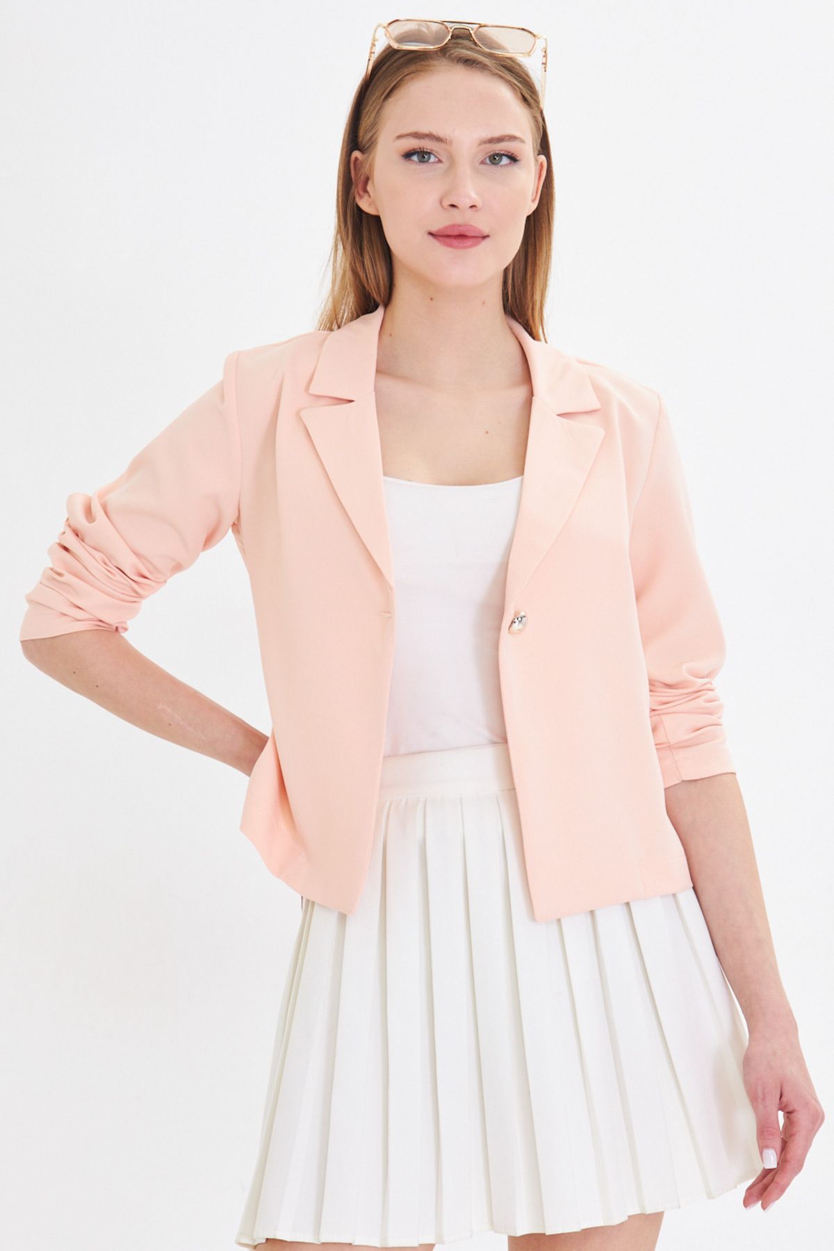 Woman Powder Single button Crop jacket ARM-22Y001237