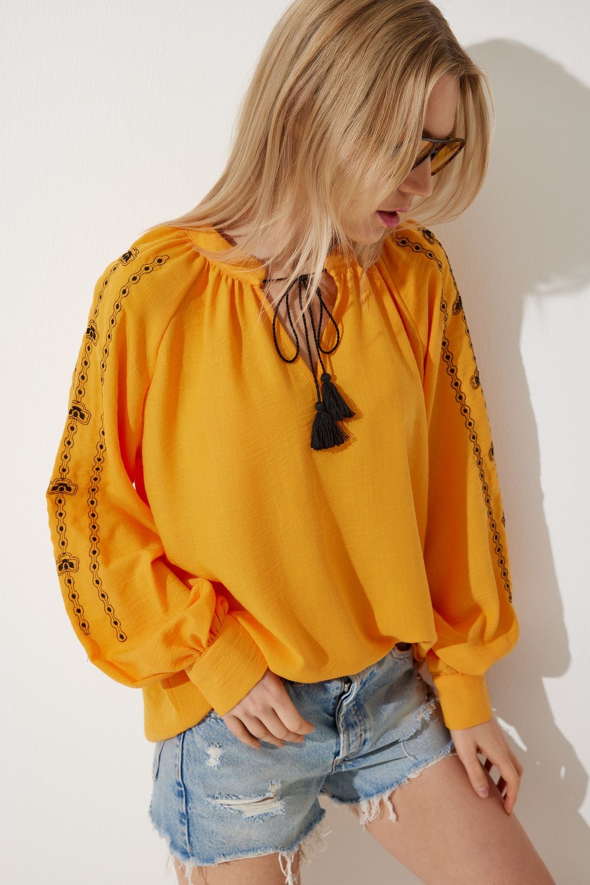 Female Orange Embroidered Oversizle Flax Blouse RG00038