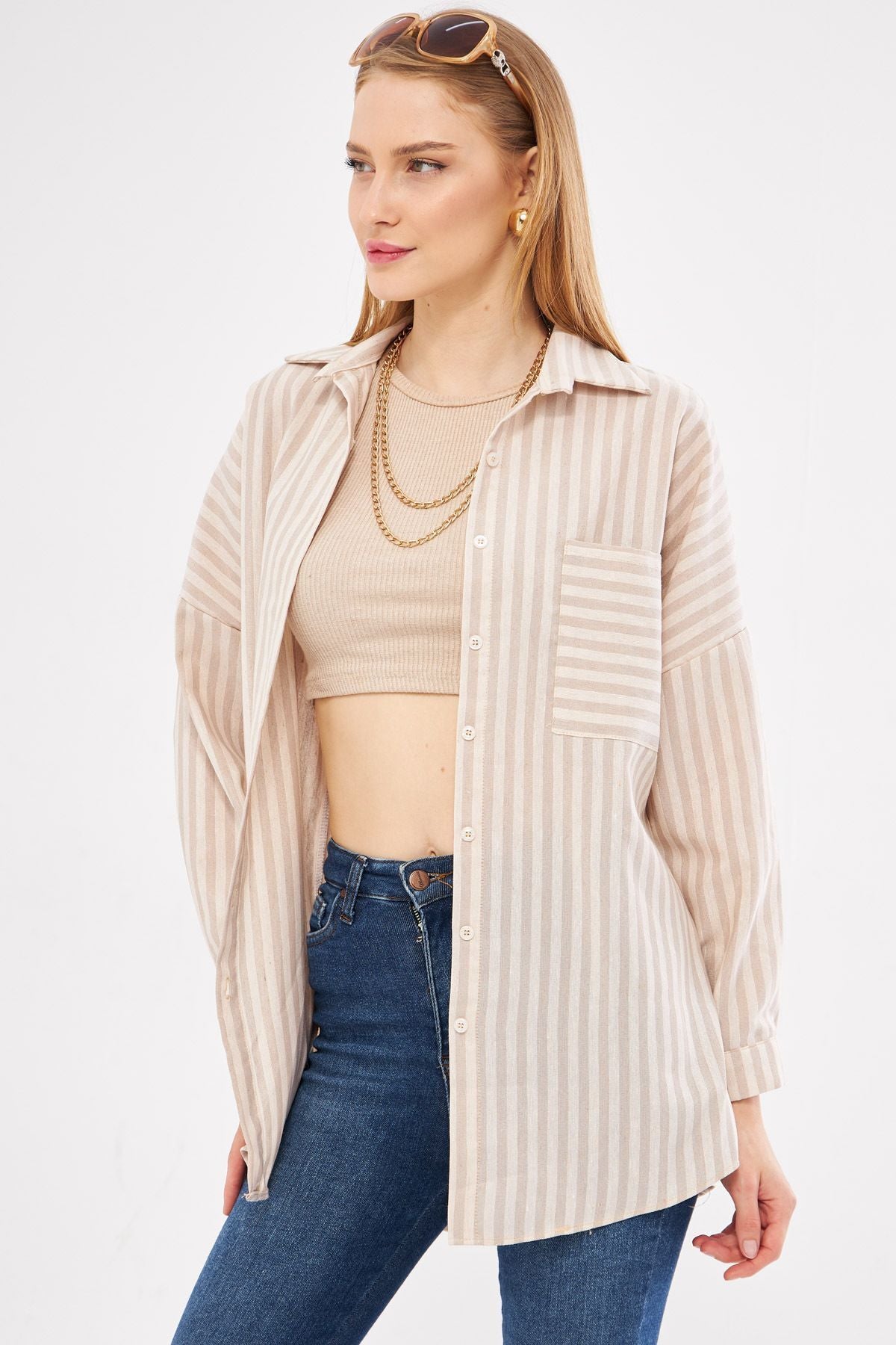 Female mink striped long arm pocket detailed pleatedly overlaw shirt ARM-24Y001057