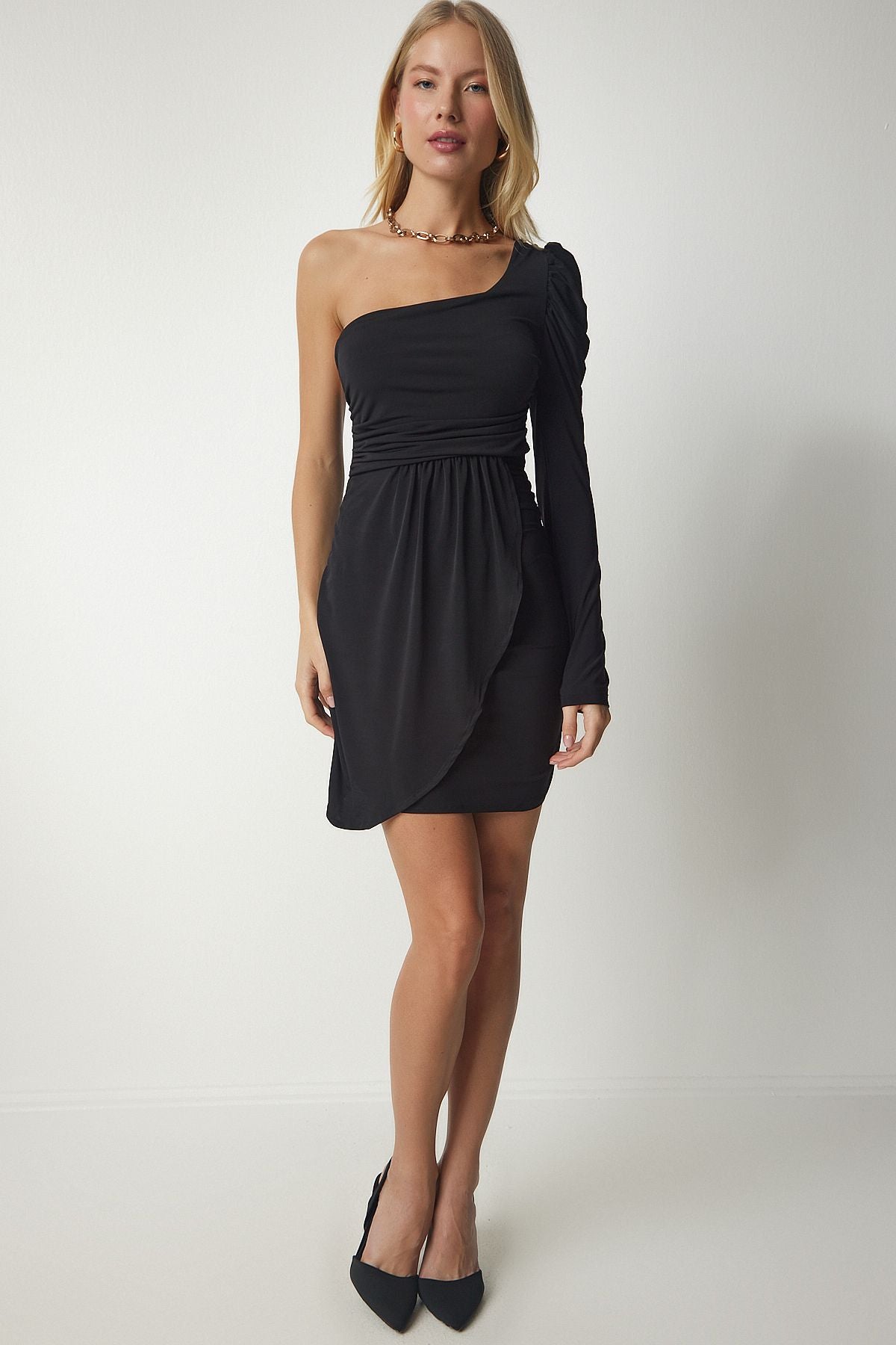 Female Black Drapeli One Shoulder Sandy Dress YK00072