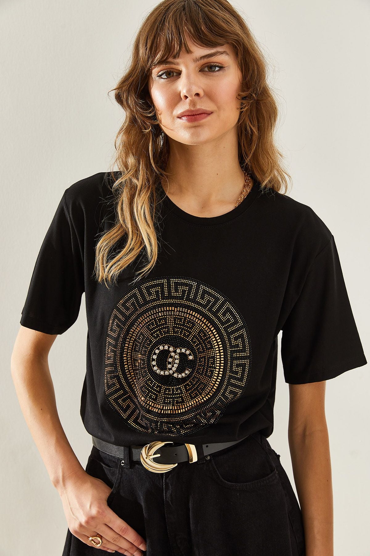 Female Bicycle Collar Stone Detail Basic Combed T-Shirt 60251238