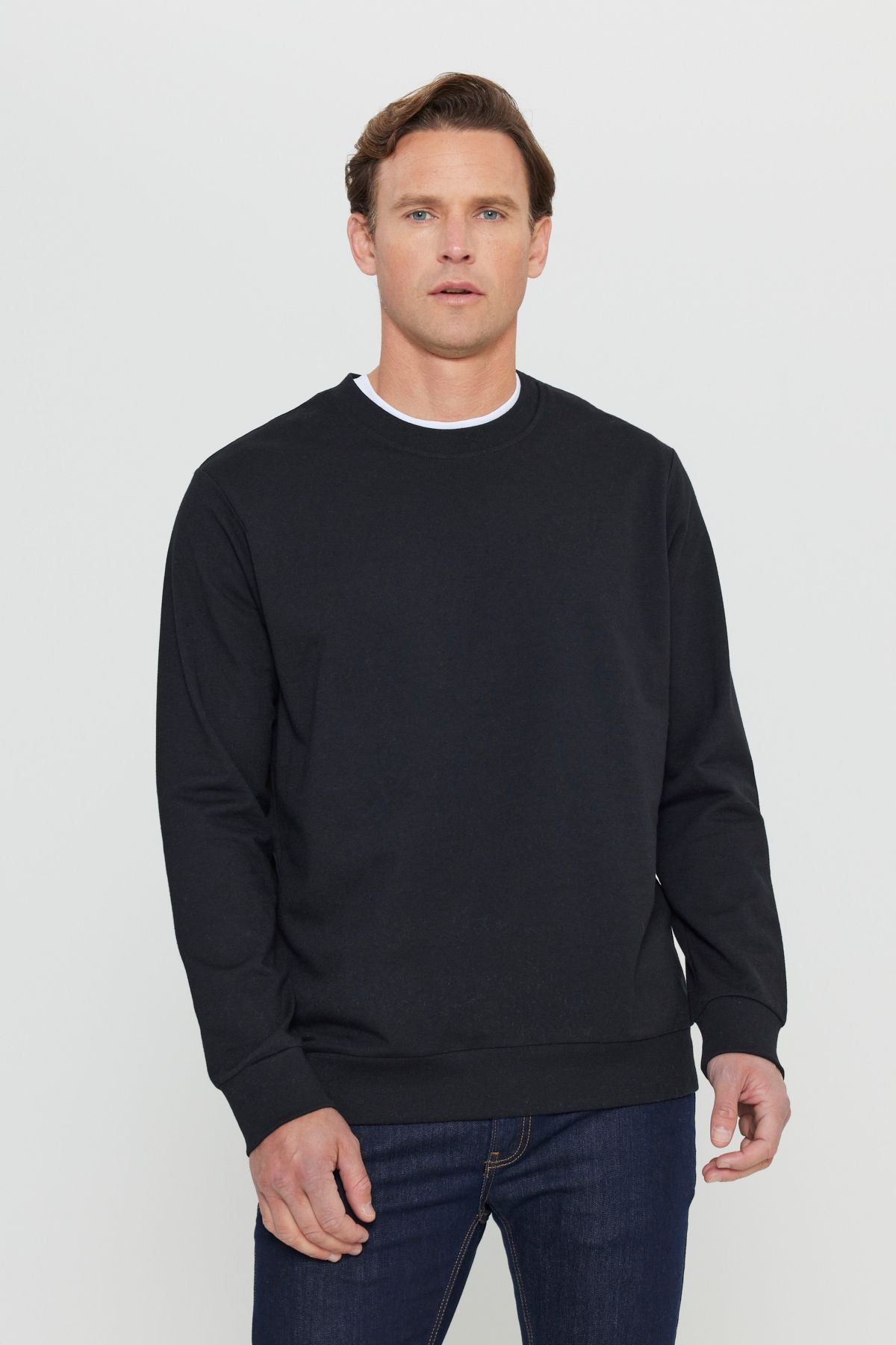 Men's Black Standard Fit Normal Cutting 2 Yarn Cotton Bicycle Collar Sweatshirt