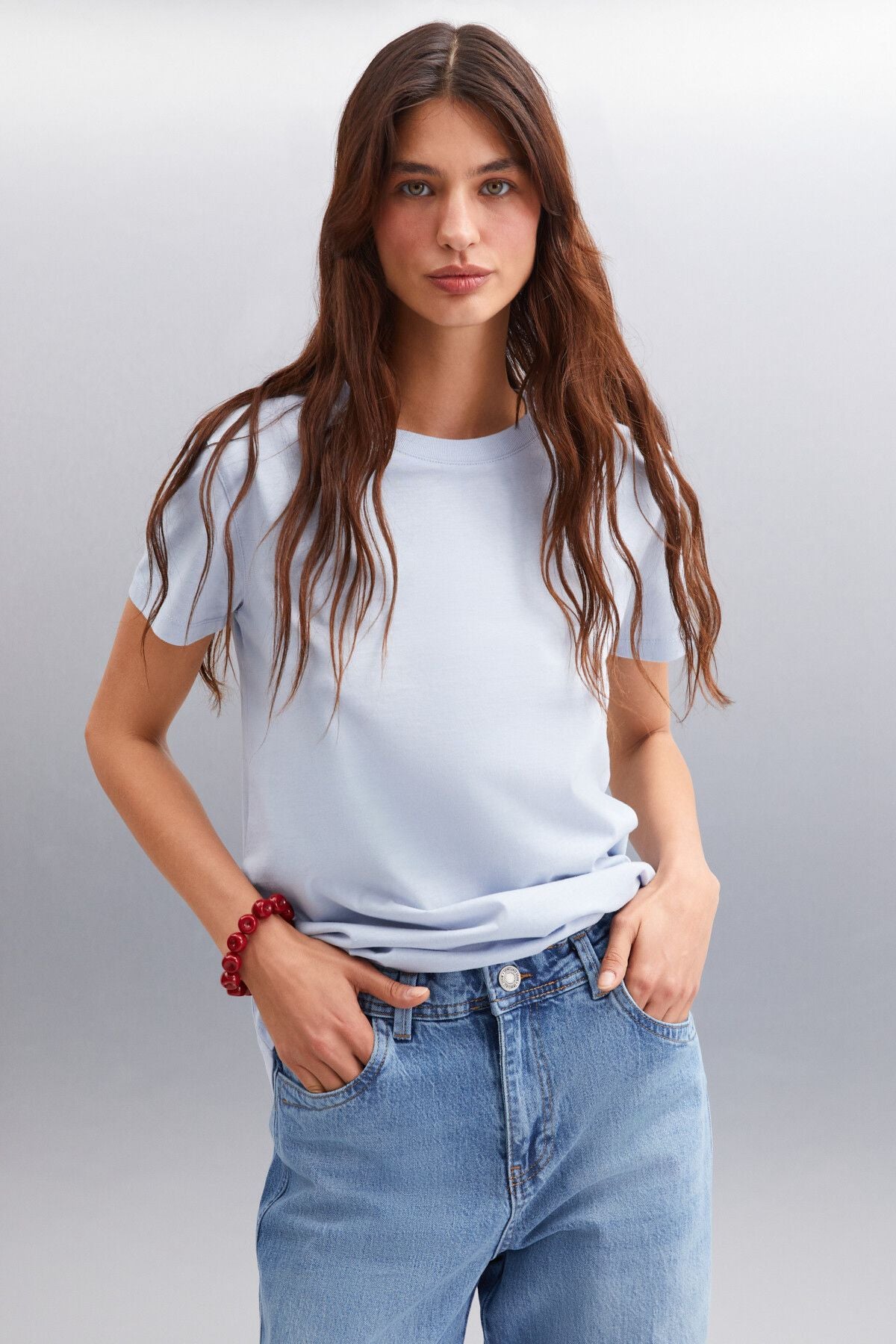 Samantha Kadın Comfort Fit %100 Organik Pamuklu Basic Örme Mavi T-shirt