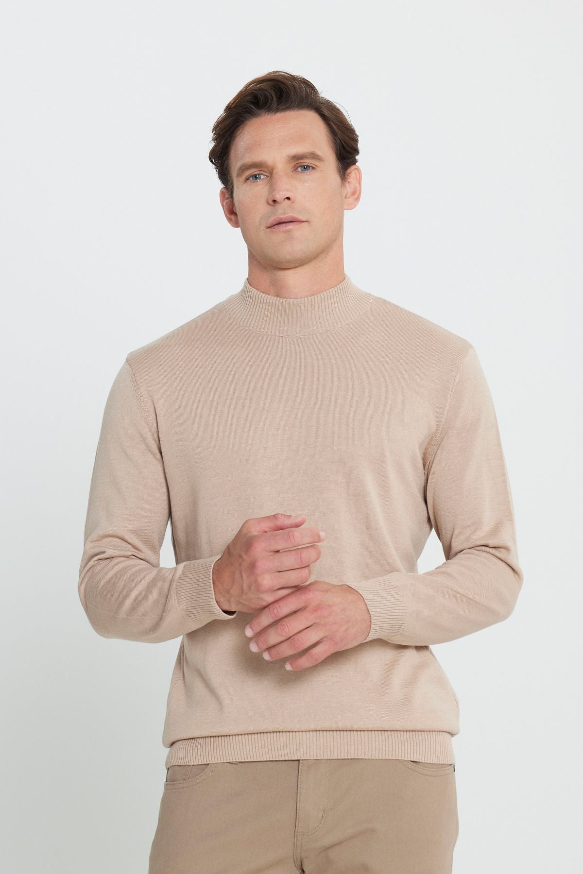 Men's Beige Melanj Standard Fit Normal Cut Half Fisherman Neck Cotton Knitwear Sweater