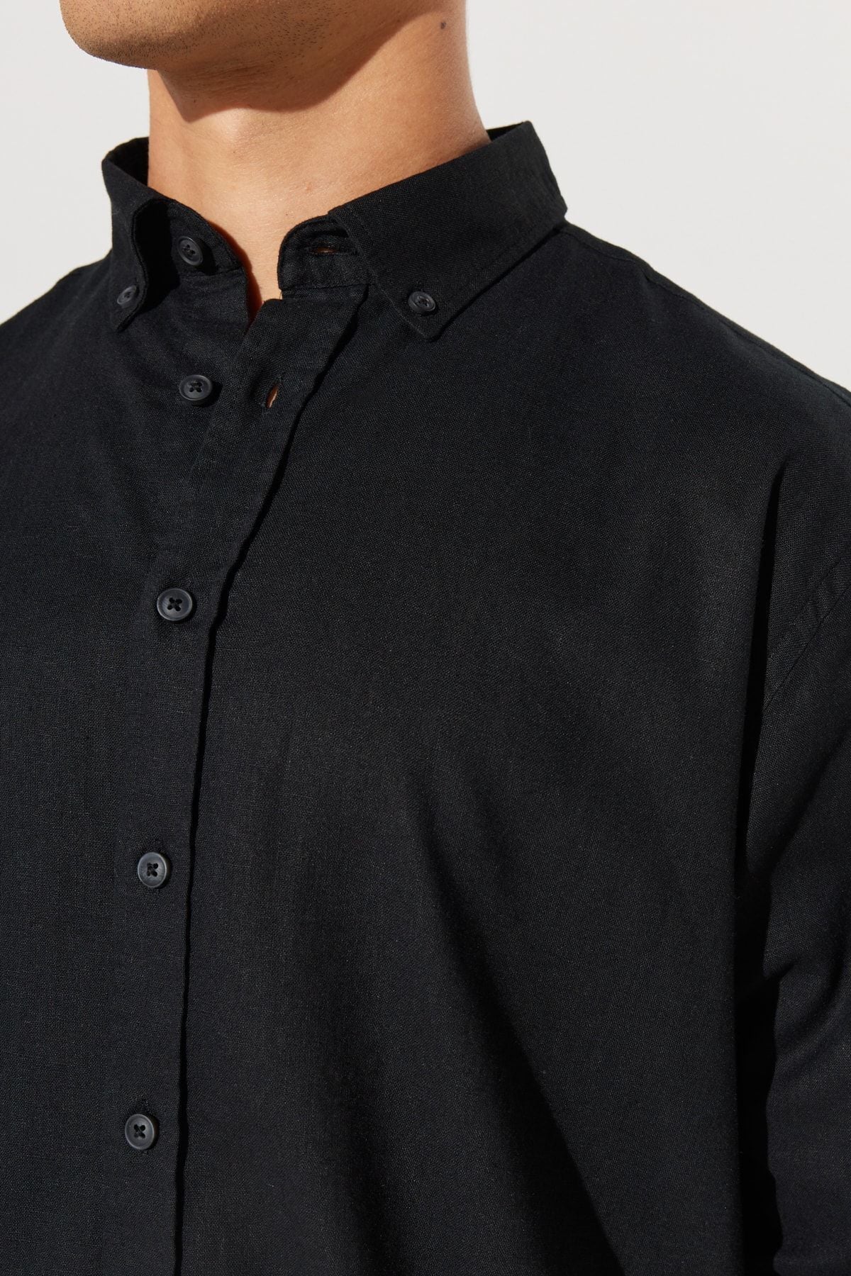 Men's black linen comfort fit comfortable cut buttoned collar shirt