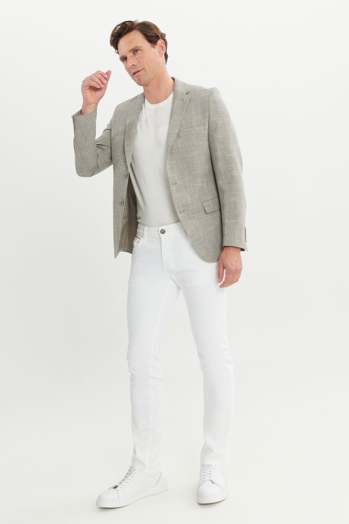 Men's Beige Slim Fit Narrow Cut Mono Yaka Amest Jacket