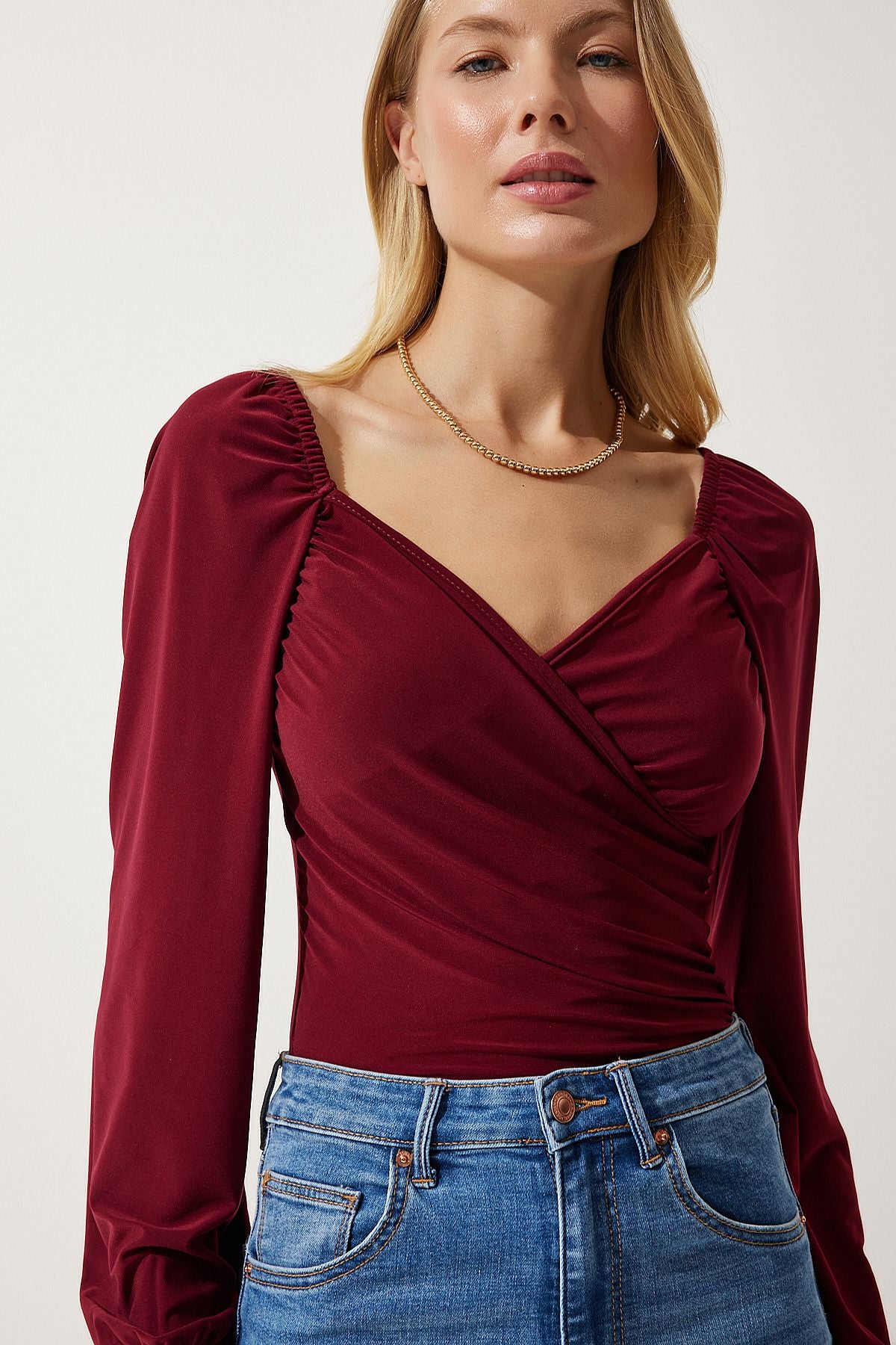 Female Bordeaux Elastic Balloon Sleeze Sandy Knitting Blouse FF00154