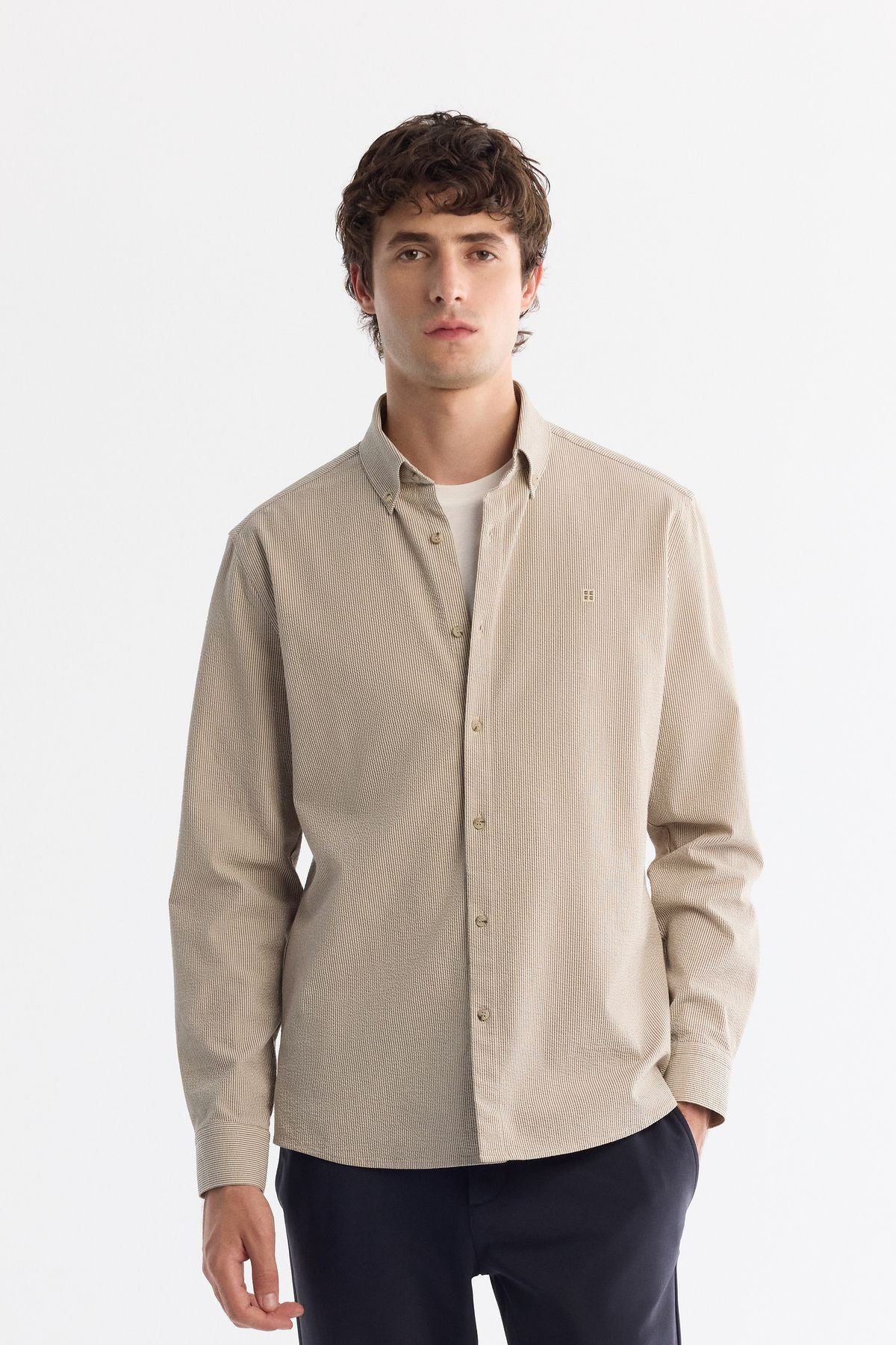 Men's beige button collar easily ironed striped shirt A42Y2098