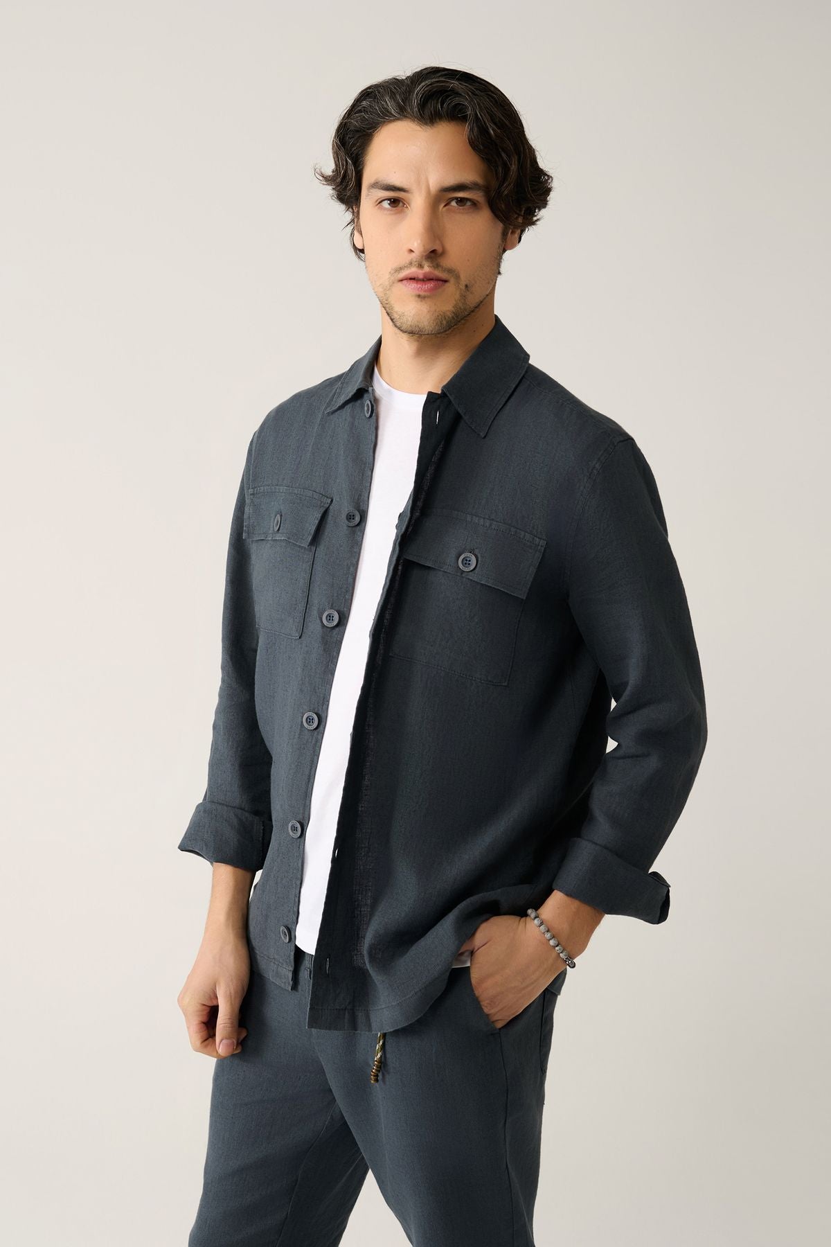 Men's anthracite classic collar 100 %linen shirt A41y2087