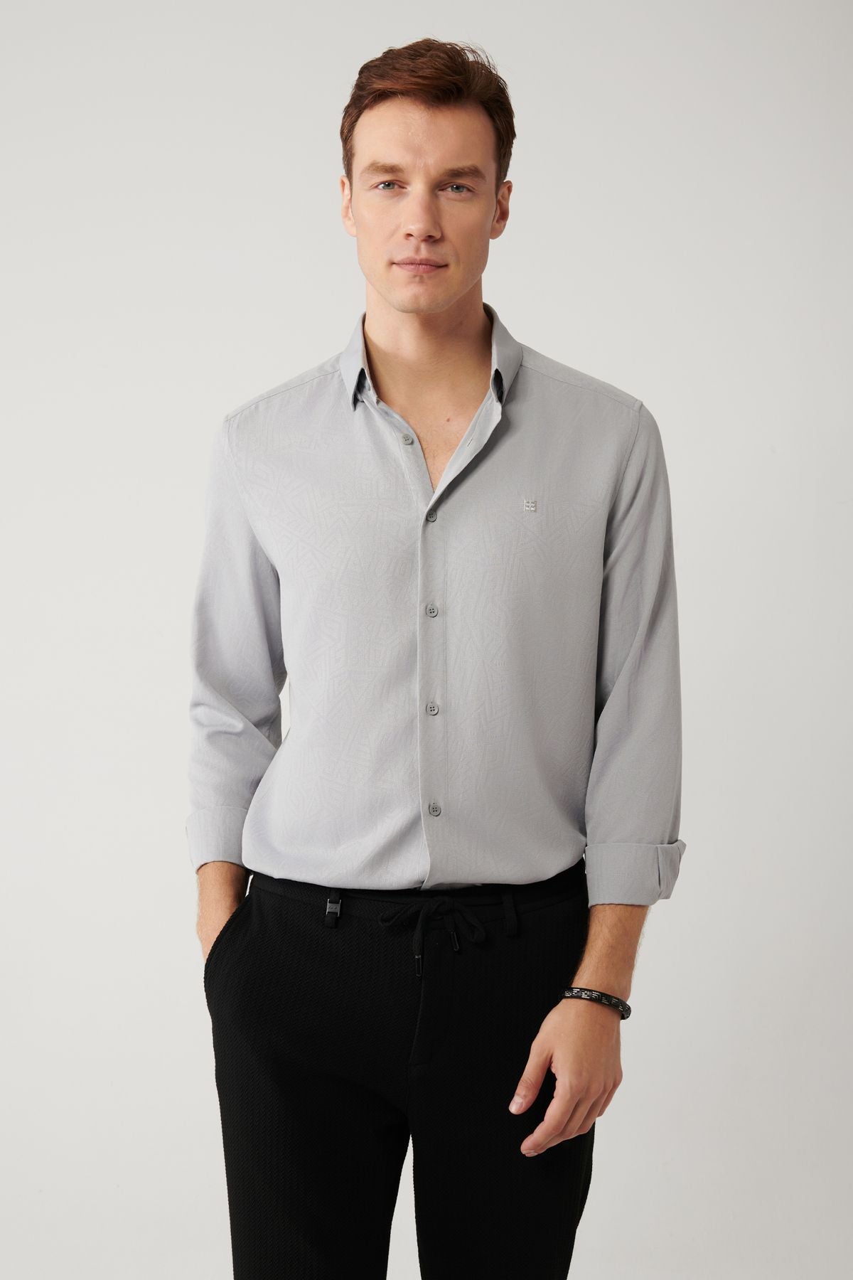 Men's gray bottom Britli collar easily ironable shirt A41y2043