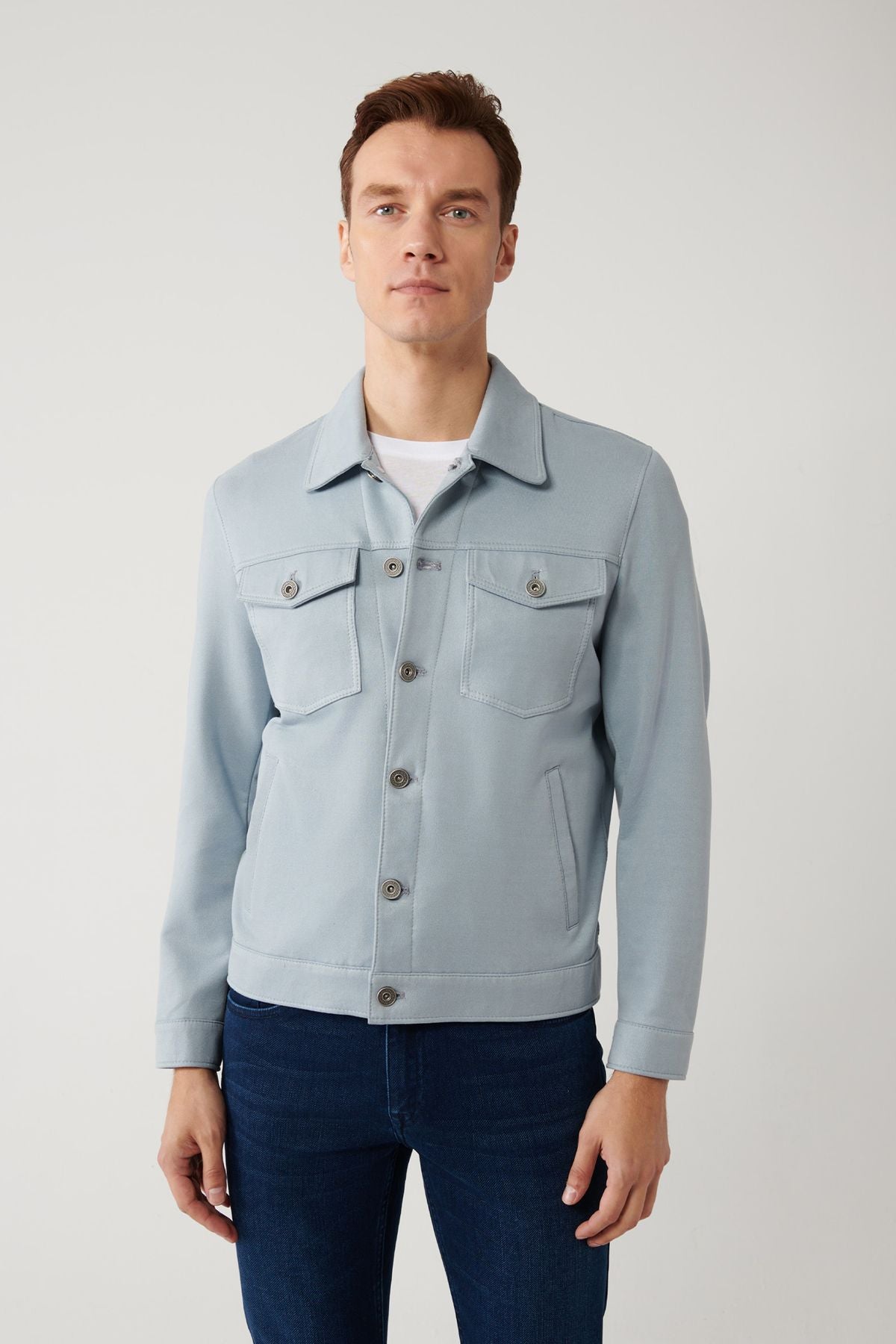 Men's blue classic collar suede -looking pocket jacket A41y6011