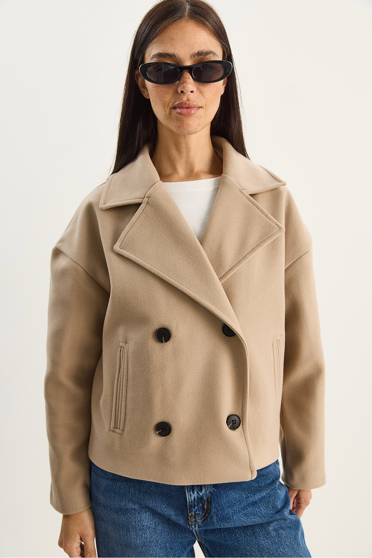 Women's Wide Collar Pocket Detailed Lined Buttoned Short Cashmere Coat 2517 60283788