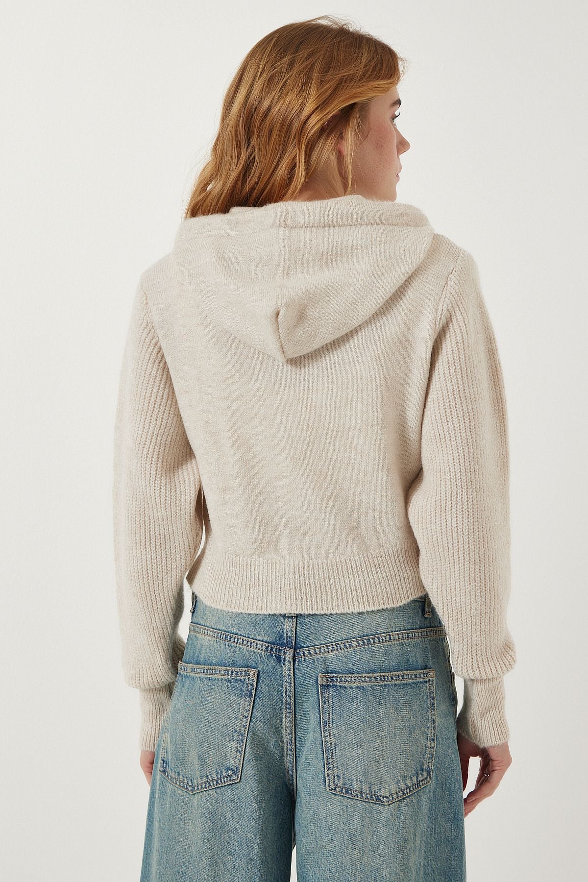 Female Beige Hooded Zipper Triko Cardigan YY00203