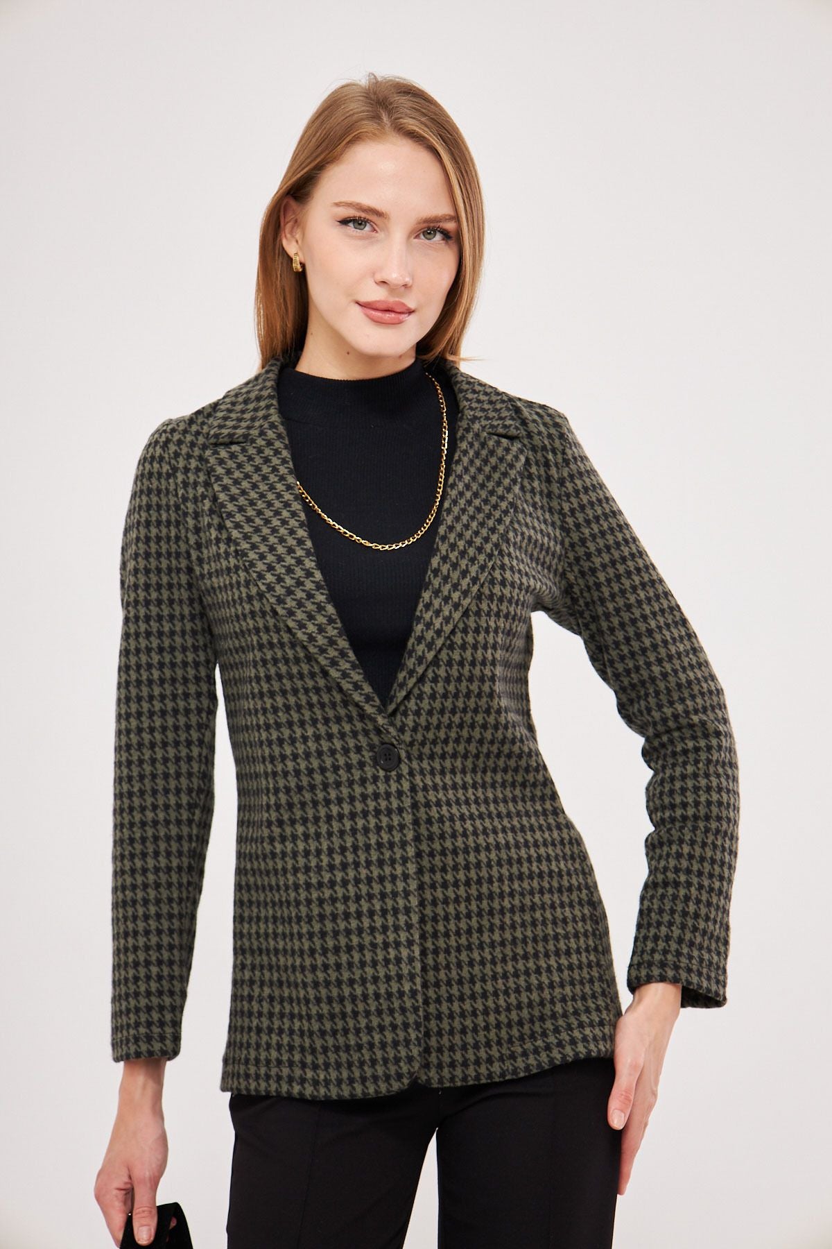 Female Khaki Kazayağı Pattern Single button Jacket ARM-20K001121