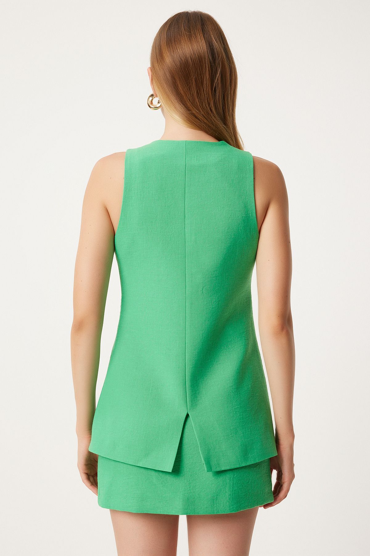 Women's Green Fleto Pocket Detailed Long Weaving Vest FN03239