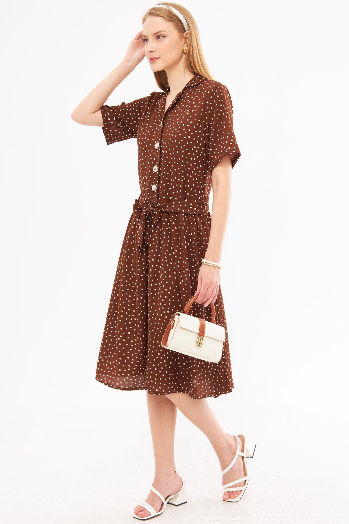 Female coffee front buttoned waist shirred belt midi size dress ARM-24Y001068