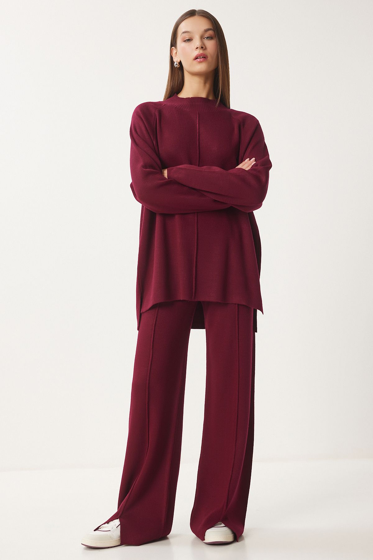 Woman Bordeaux Stylish Knitwear Cossack Pants Set Mu00012