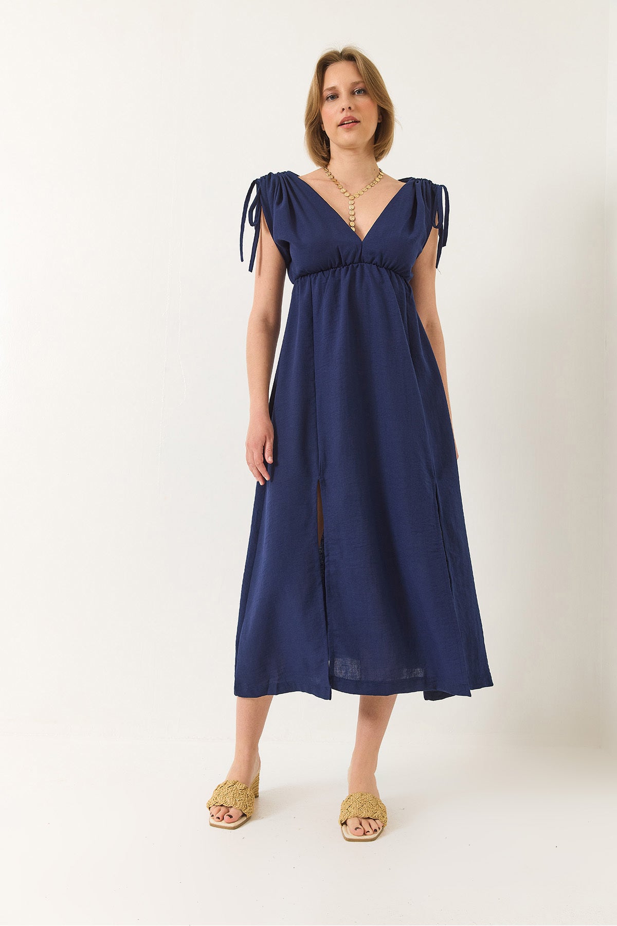 Women's V-Neck, Elastic Waist, Slit, Tie Detail, Linen Textured Dress 437 60283175