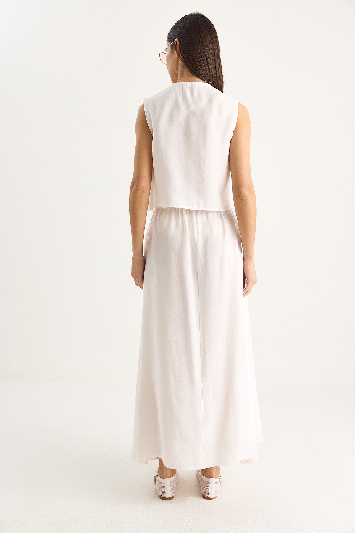 Women's Tie-Front Embroidered Vest with Pocket Detail Long Modal Skirt Suit 4009 60283423