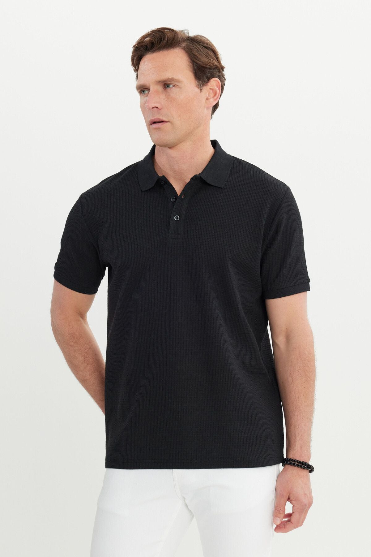Men's Black Cotton Standard Fit Normal Cut Patterned Polo Yaka T -shirt